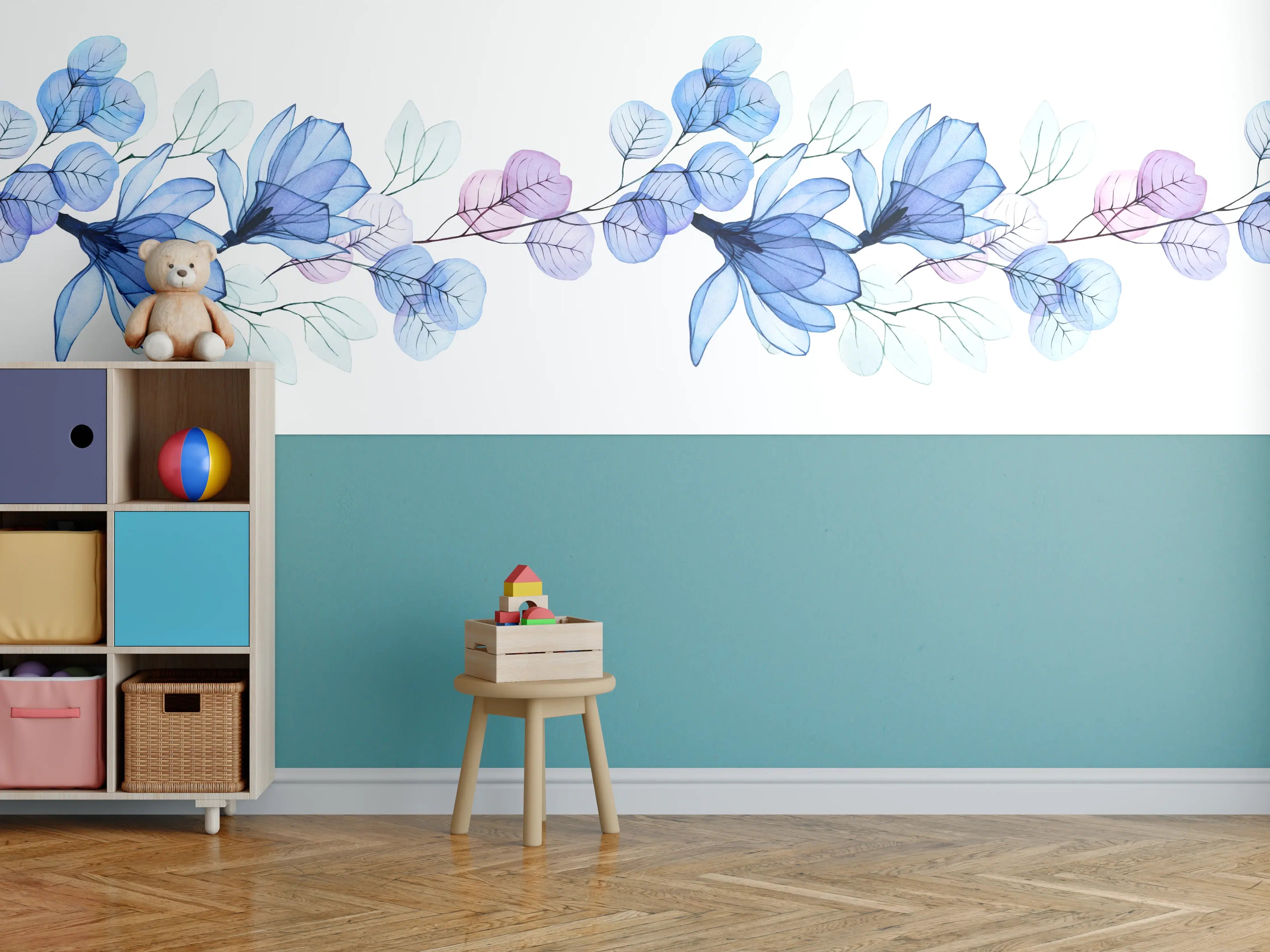 Kinderzimmer Wandgestaltung - Blauer und Lilafarbenener Blumenrand