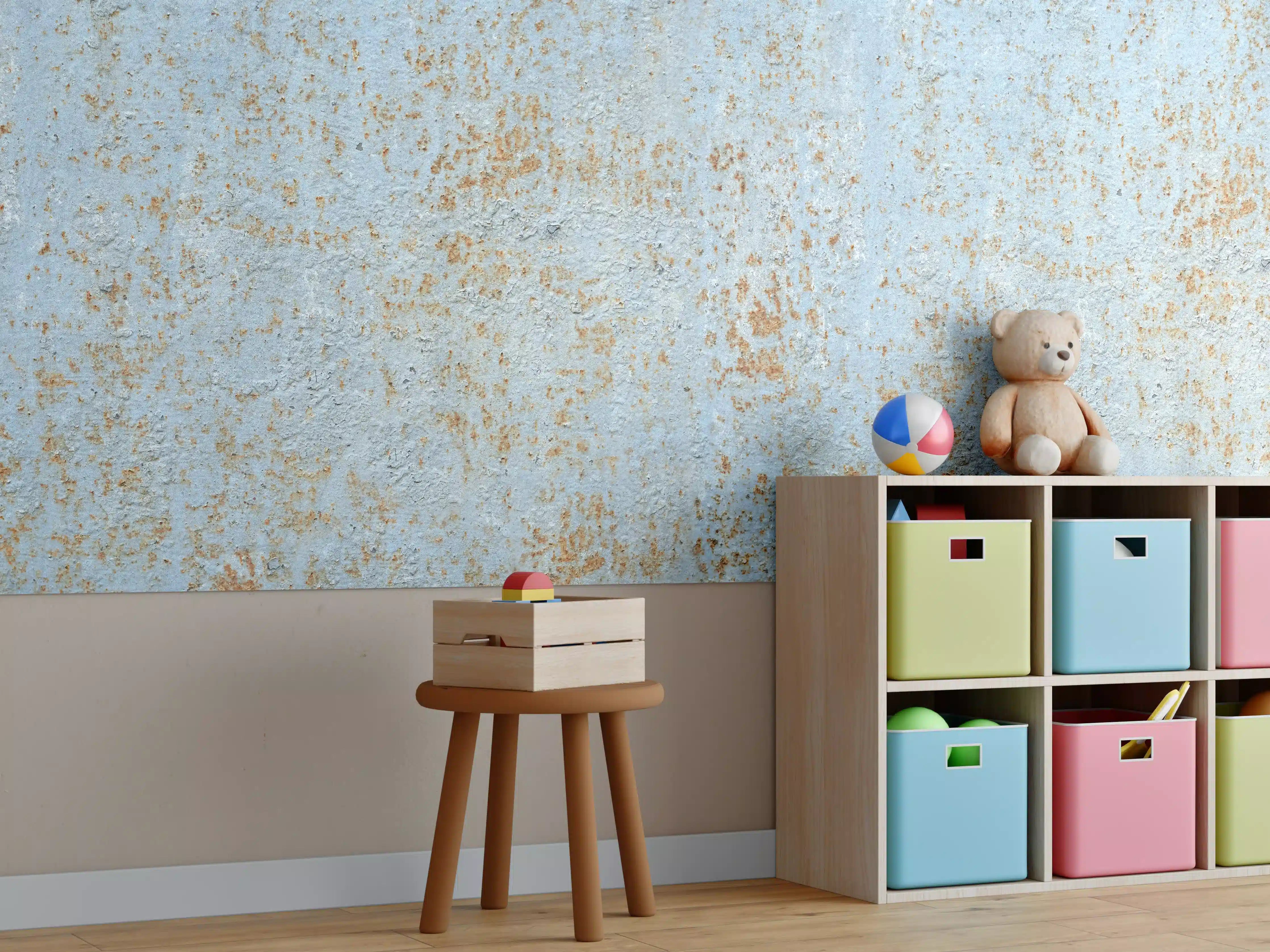 Kinderzimmer Wandgestaltung - Blauer, rostiger Metall-Textur