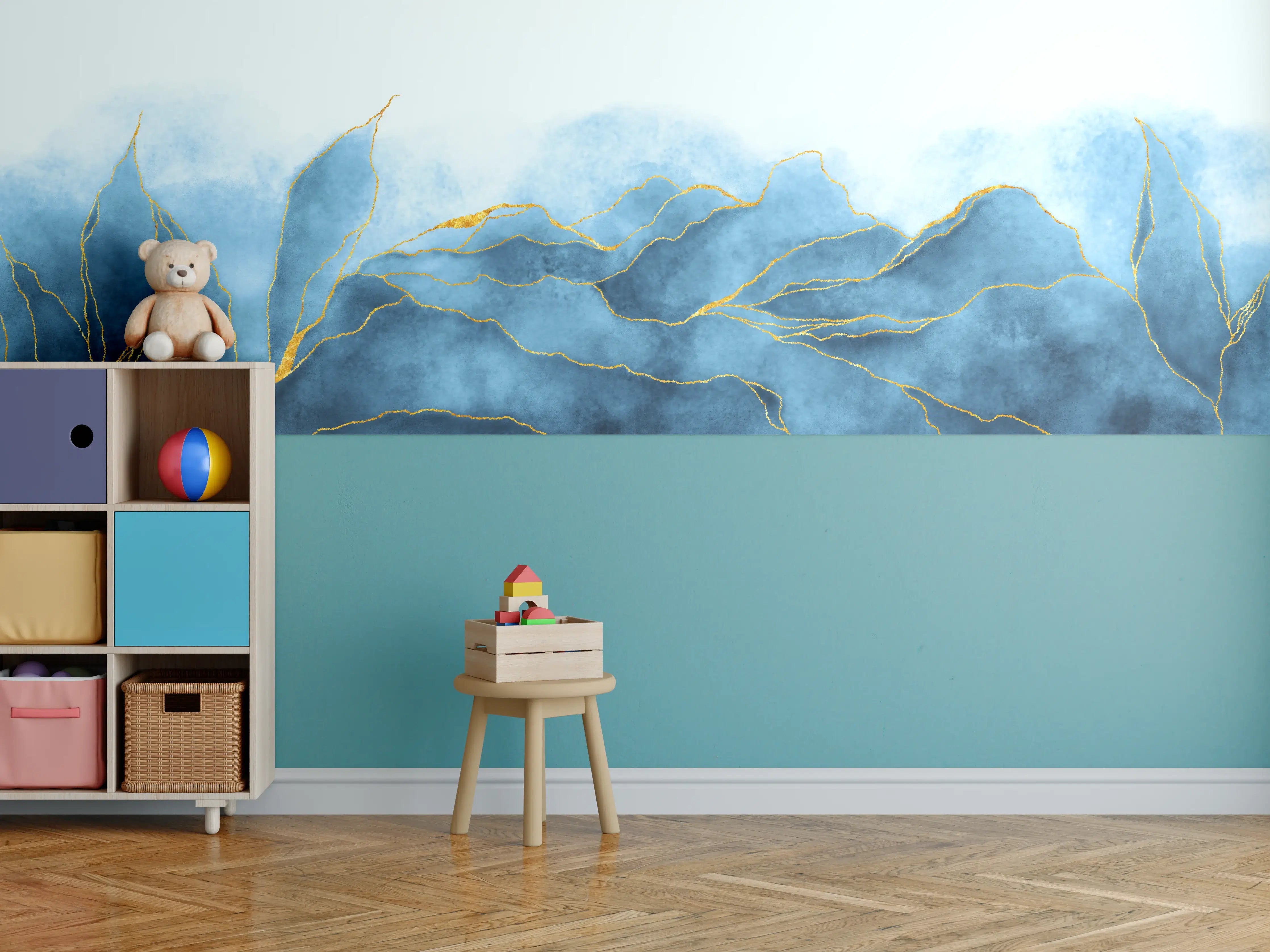 Kinderzimmer Wandgestaltung - Blaues Aquarell mit Goldelementen