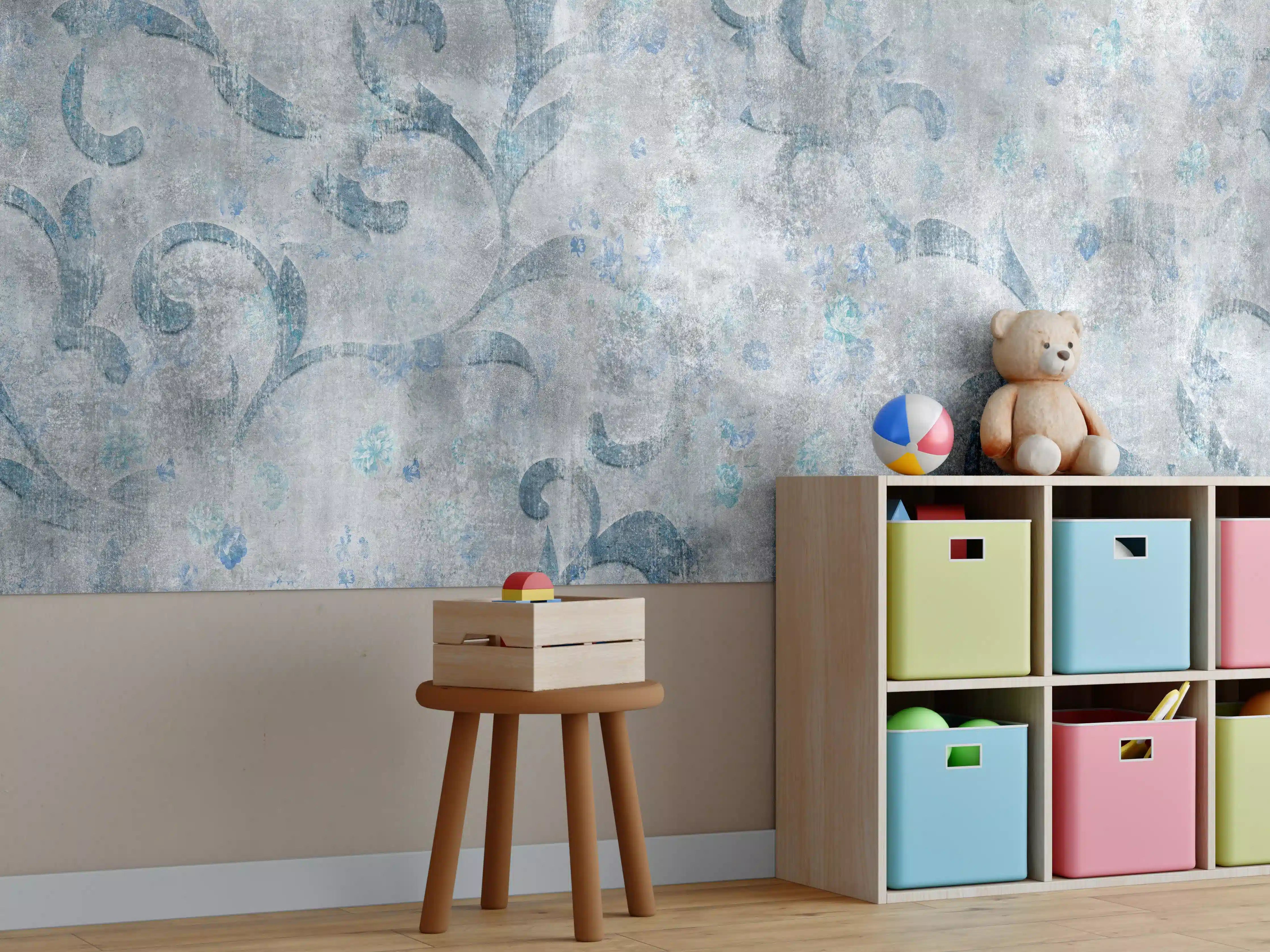 Kinderzimmer Wandgestaltung - Blaues Blätter Muster - Zement