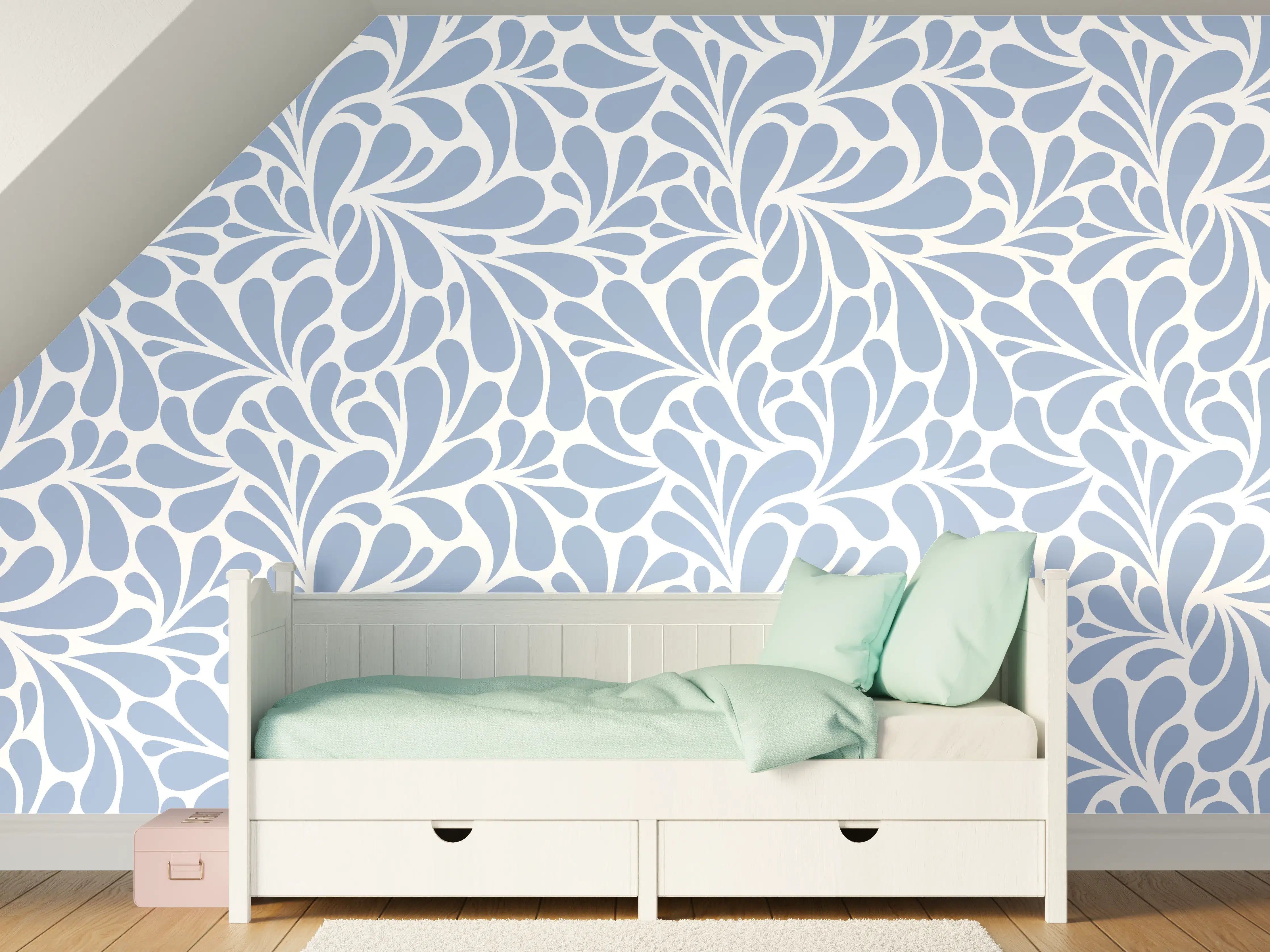 Kinderzimmer Wandgestaltung - Blaues Blättermuster