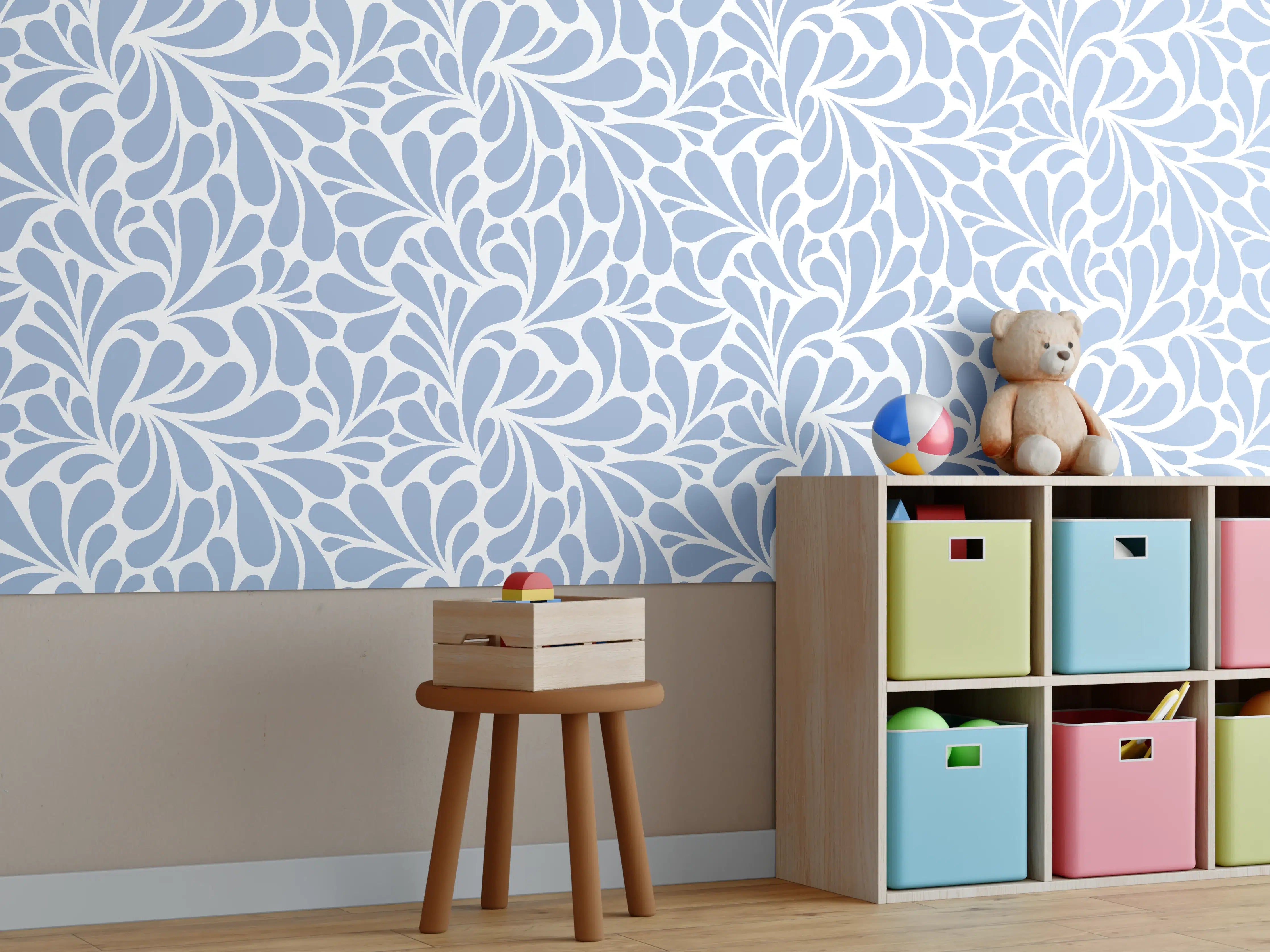 Kinderzimmer Wandgestaltung - Blaues Blättermuster