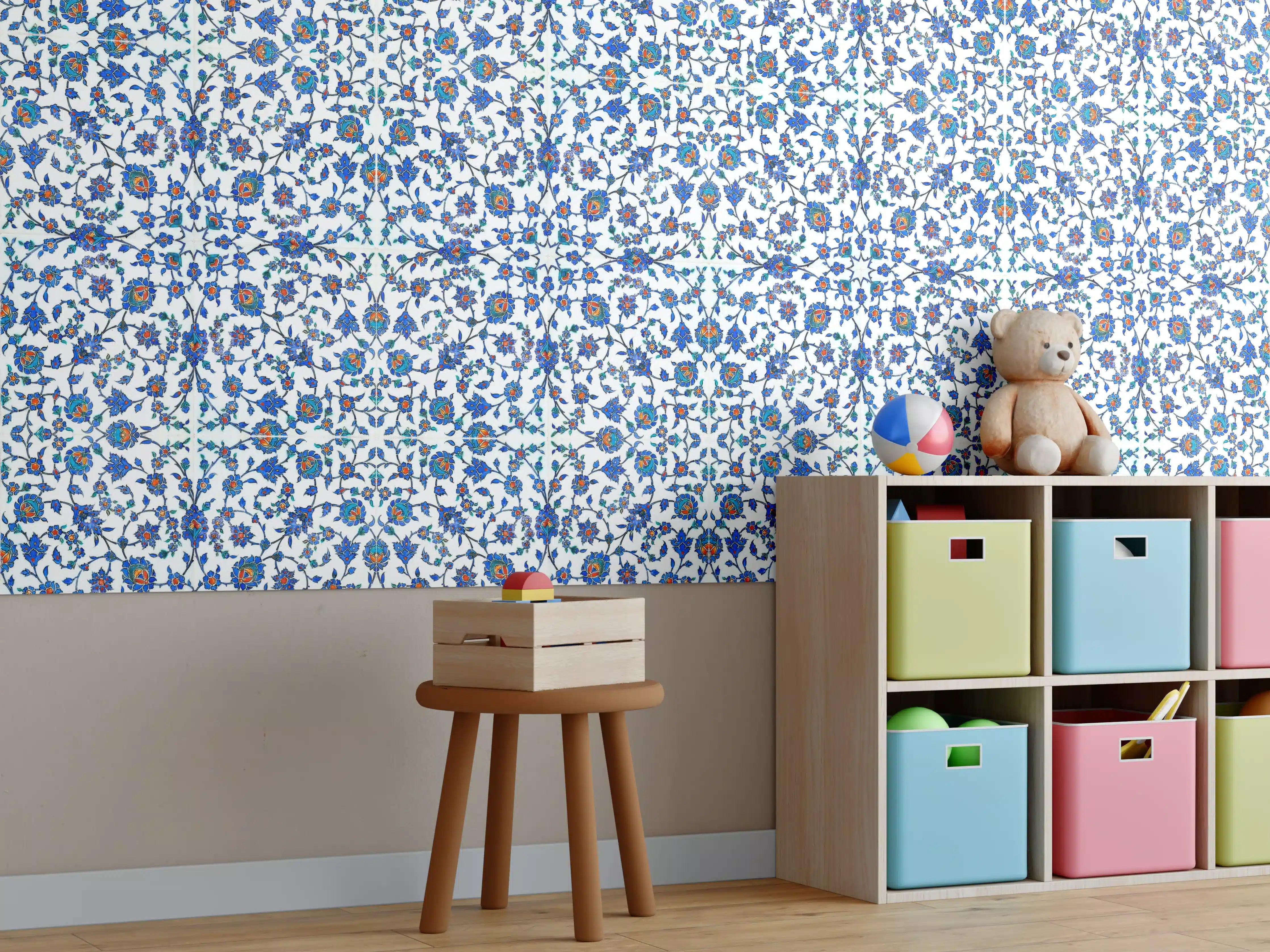 Kinderzimmer Wandgestaltung - Blaues Blumen-Mosaik-Muster