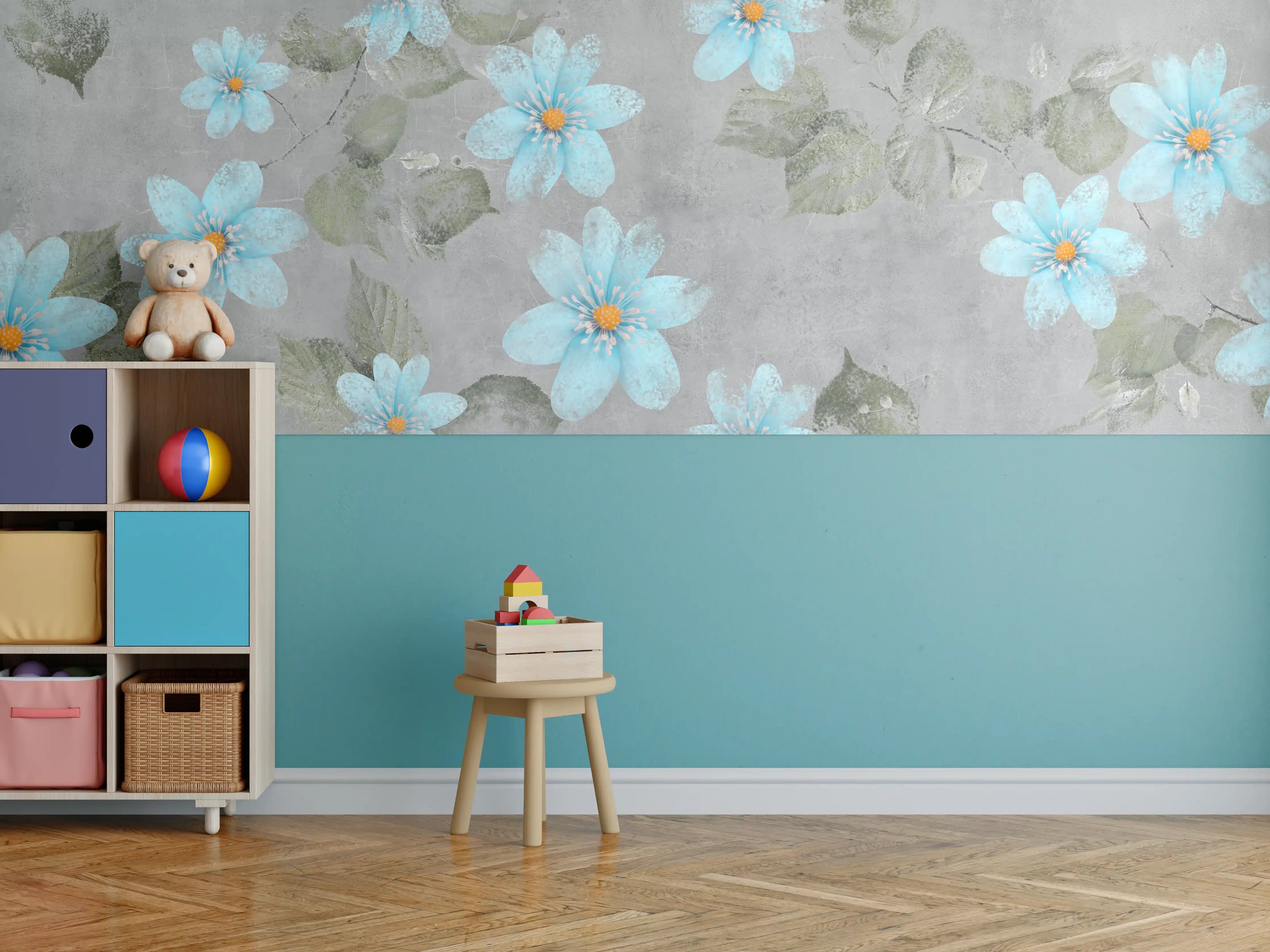 Kinderzimmer Wandgestaltung - Blaues Blumenmuster - Zeichnung