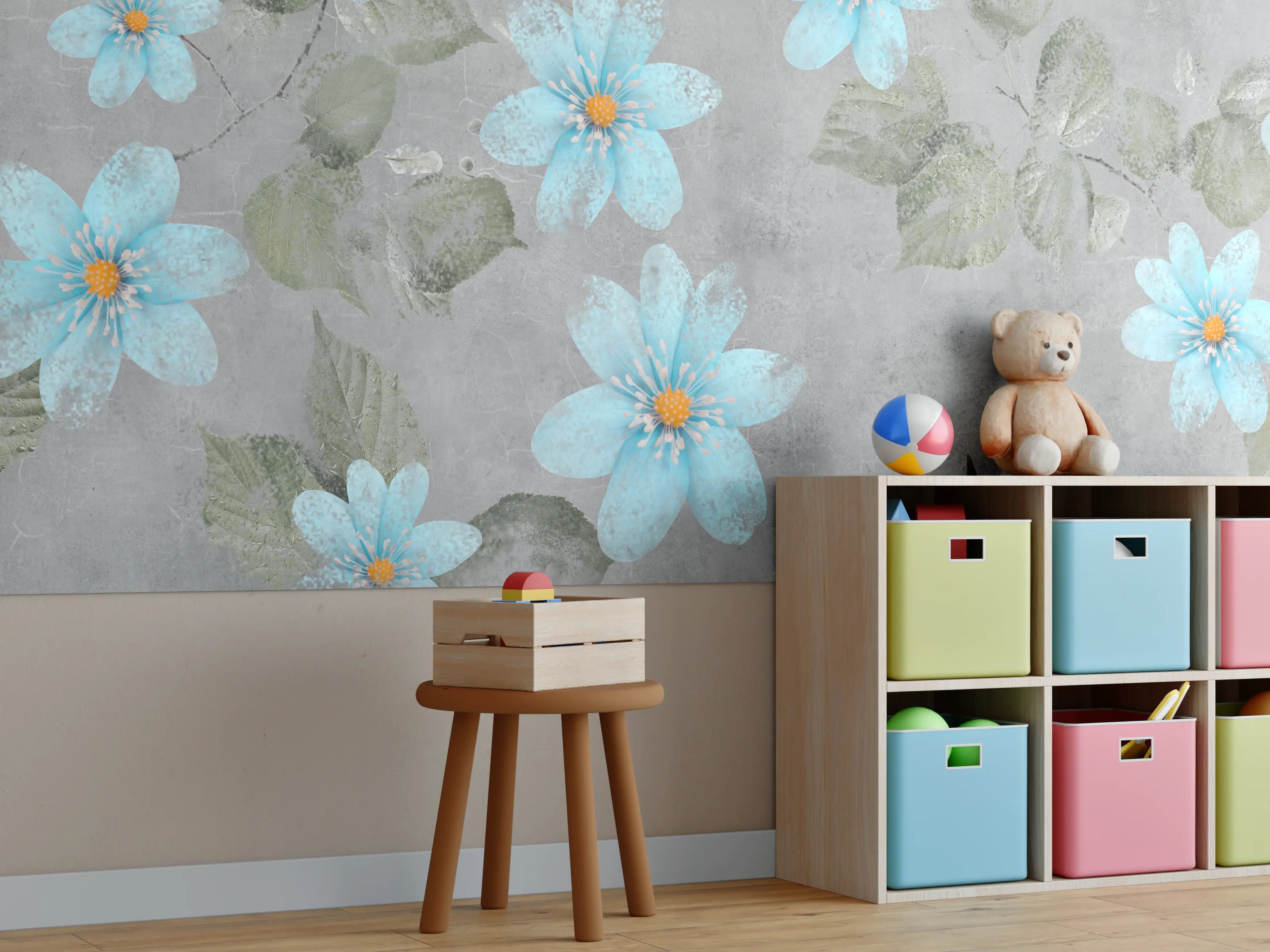 Kinderzimmer Wandgestaltung - Blaues Blumenmuster - Zeichnung