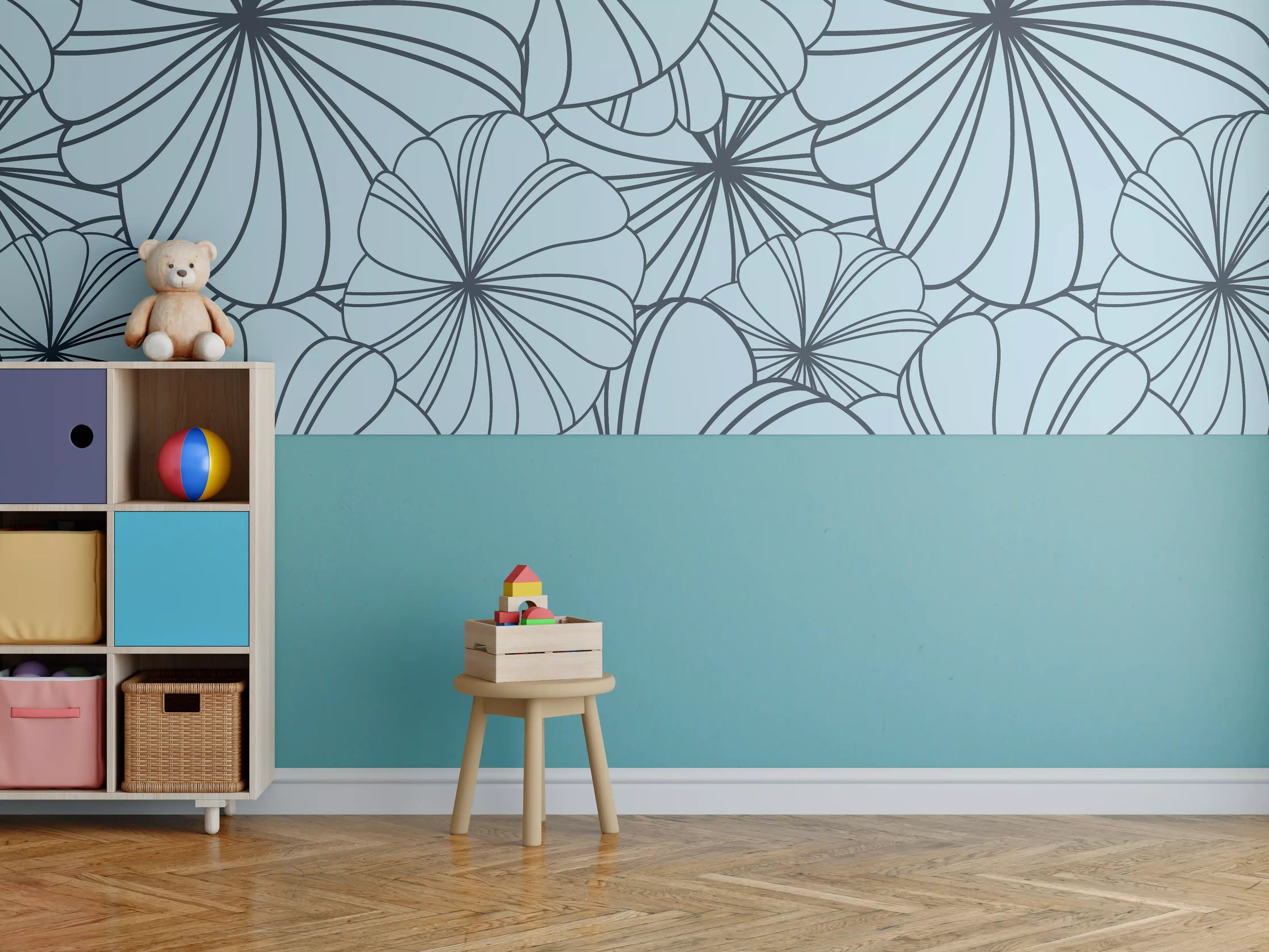 Kinderzimmer Wandgestaltung - Blaues Blumenmuster Design