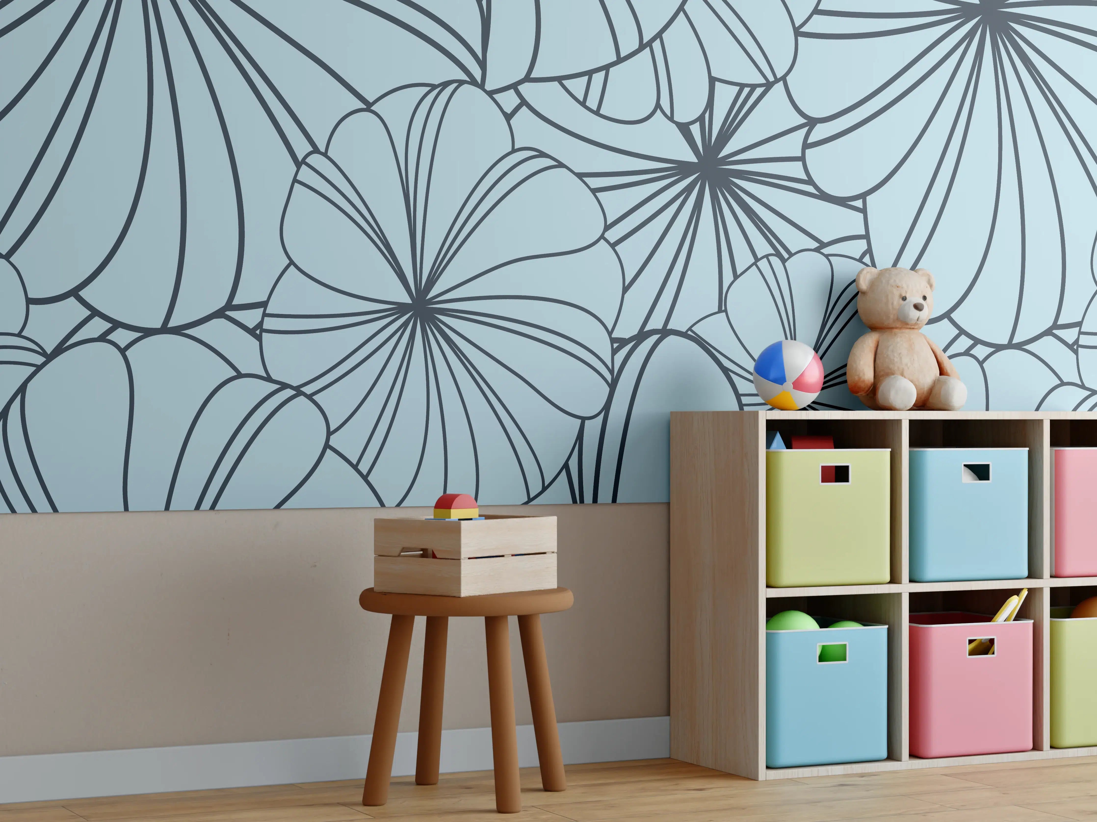 Kinderzimmer Wandgestaltung - Blaues Blumenmuster Design