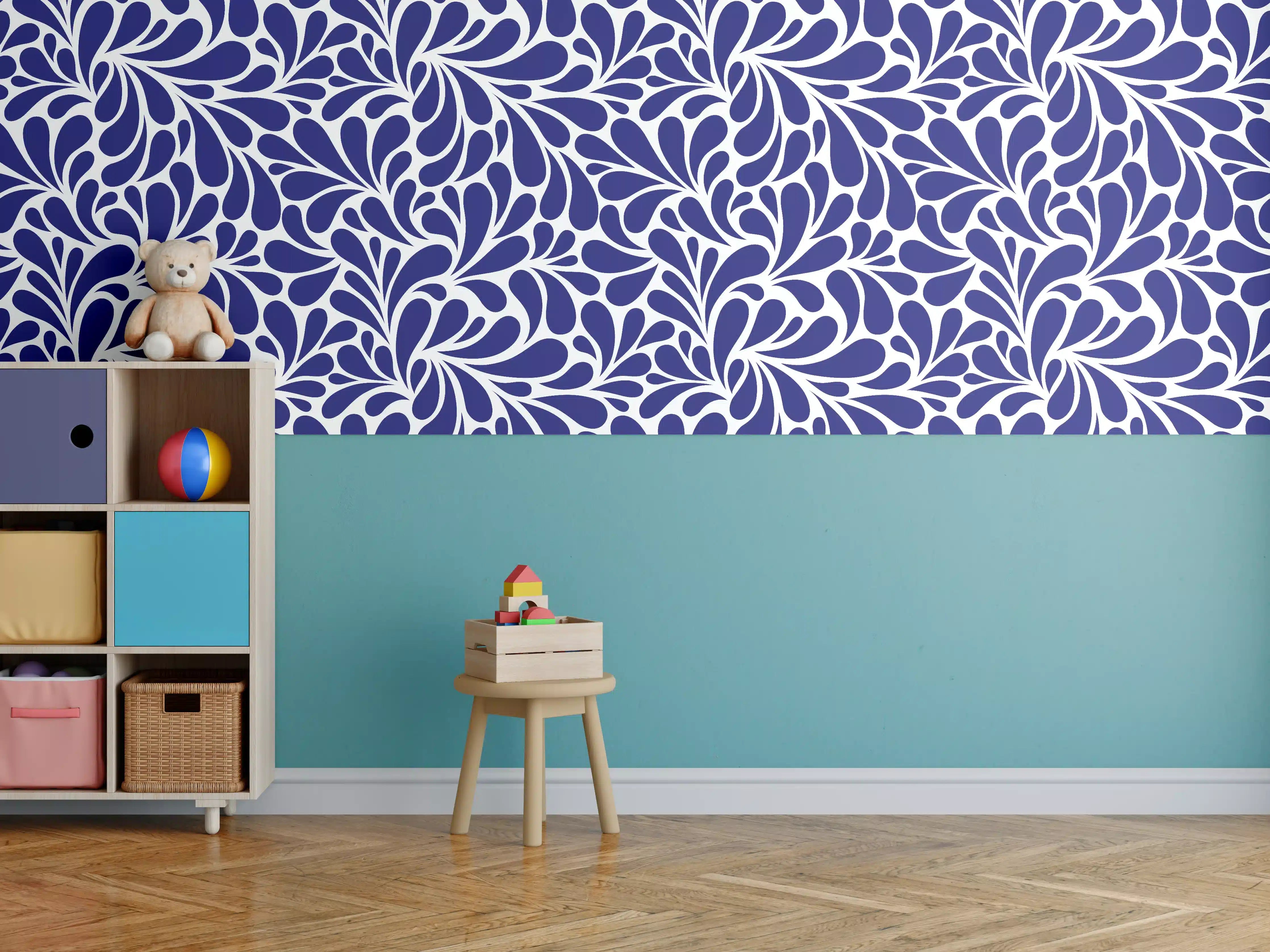 Kinderzimmer Wandgestaltung - Blaues Blumenmuster – Eleganz und Frische