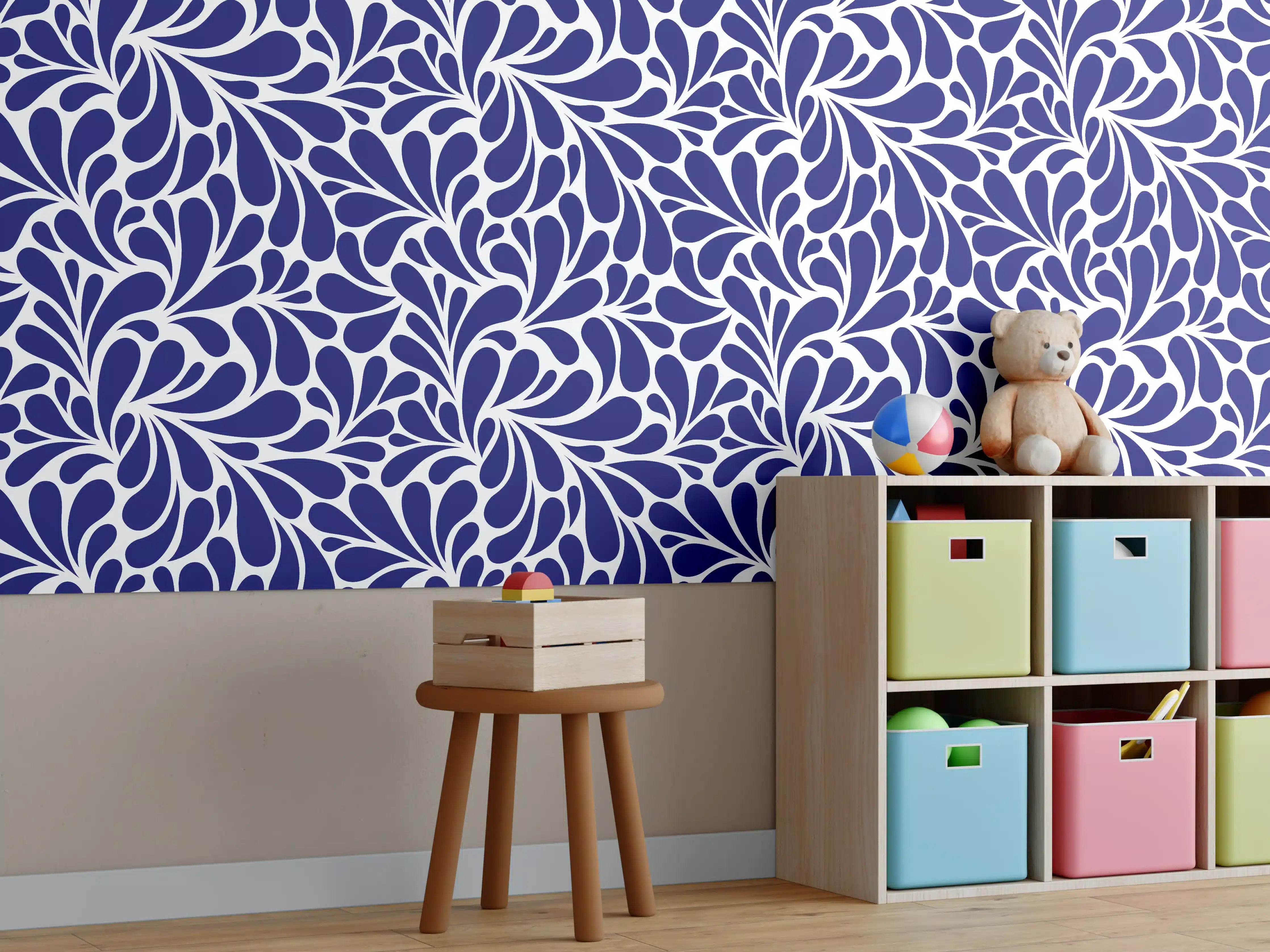 Kinderzimmer Wandgestaltung - Blaues Blumenmuster – Eleganz und Frische