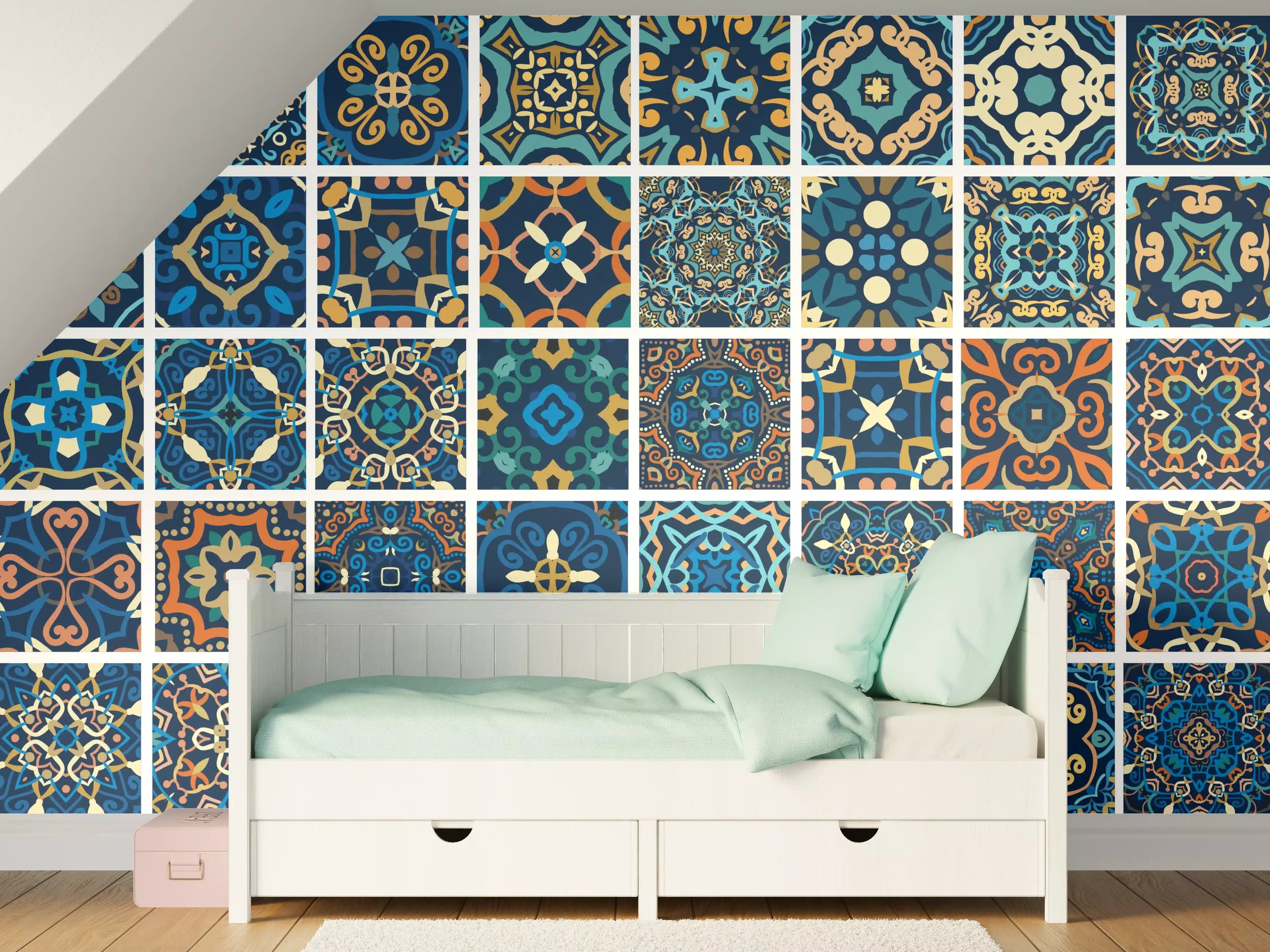 Kinderzimmer Wandgestaltung - Blaues Orientalisches Fliesenmuster