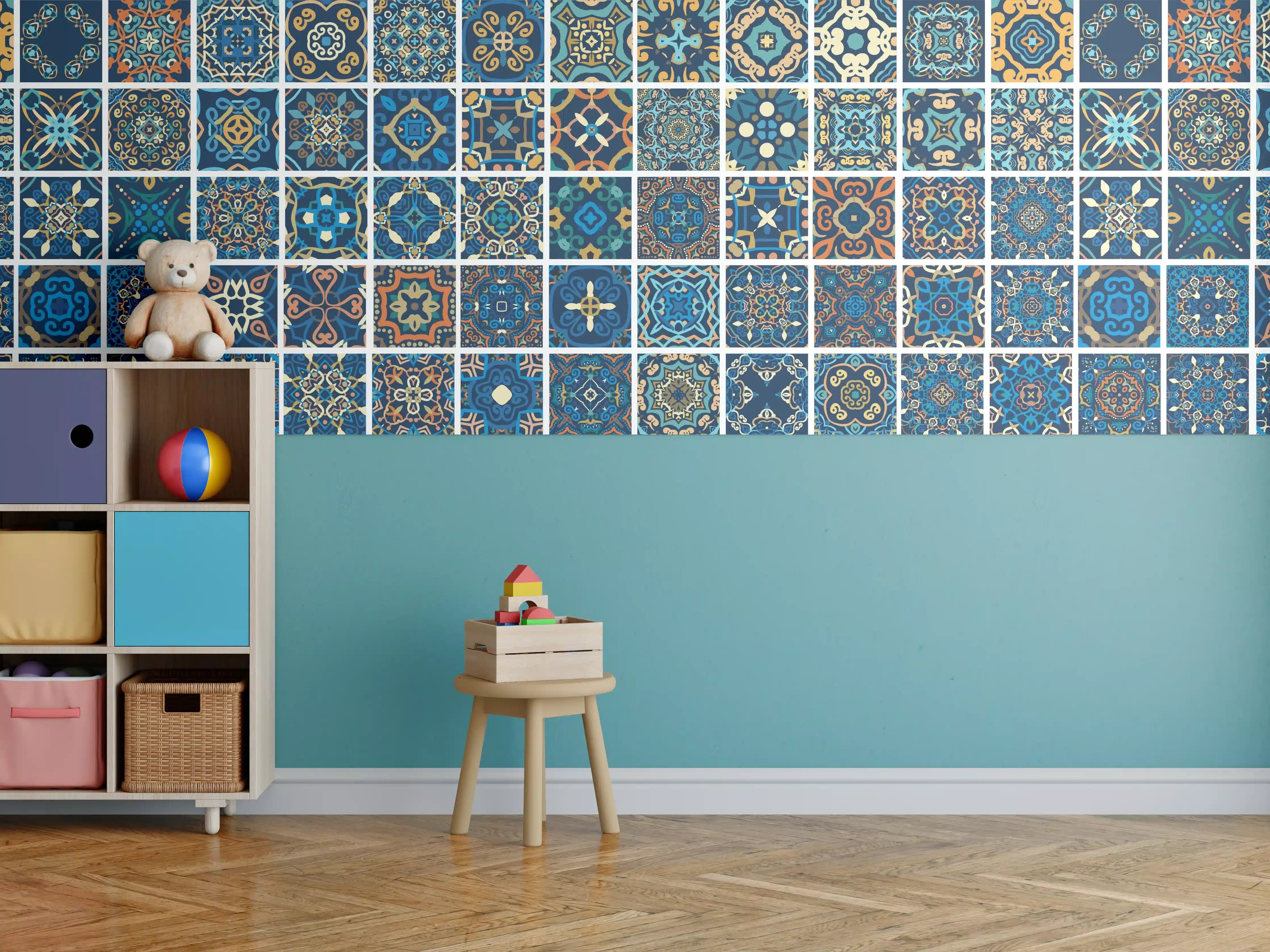Kinderzimmer Wandgestaltung - Blaues Orientalisches Fliesenmuster
