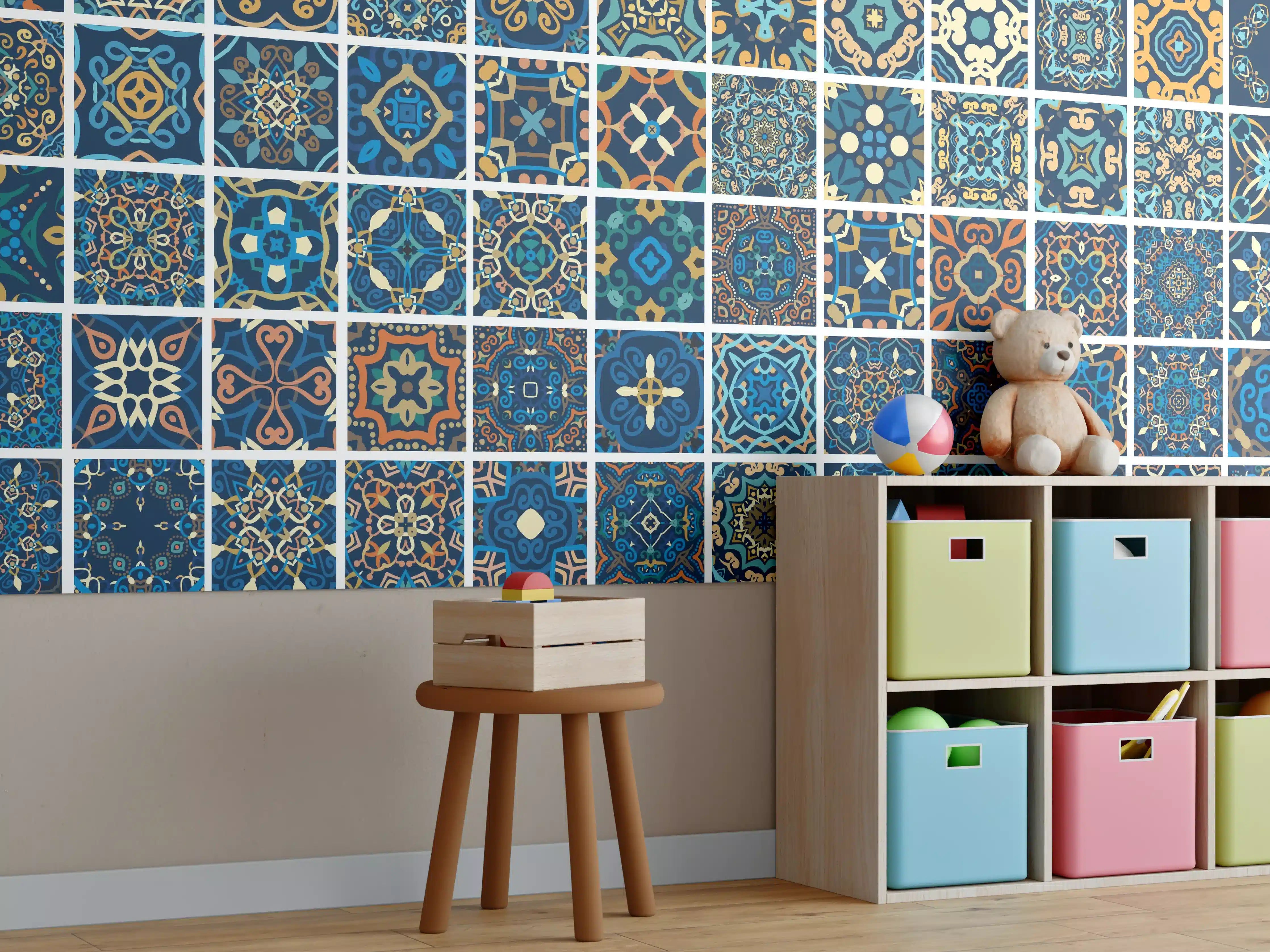 Kinderzimmer Wandgestaltung - Blaues Orientalisches Fliesenmuster