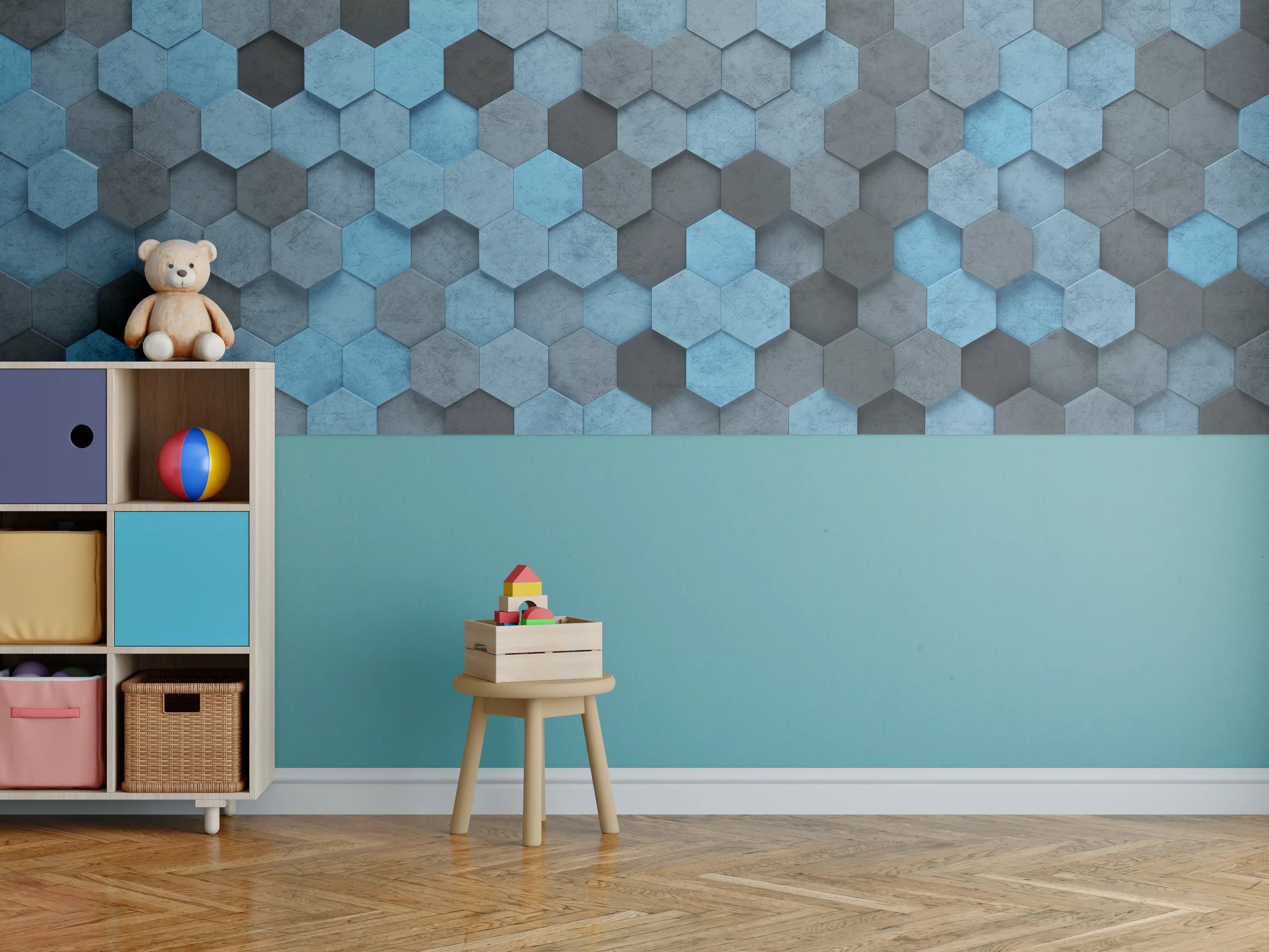 Kinderzimmer Wandgestaltung - Blaues Sechseck 3D Muster