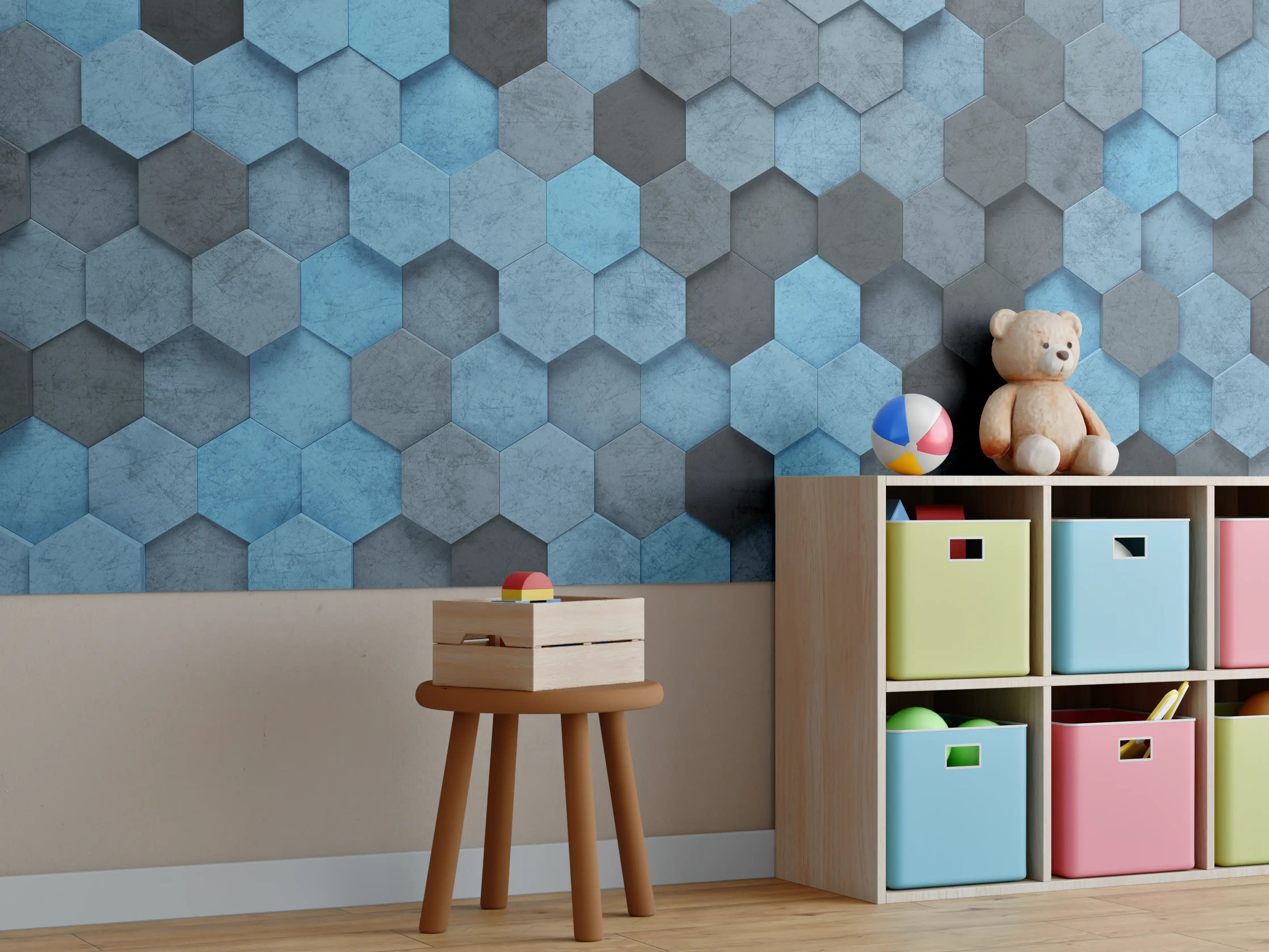 Kinderzimmer Wandgestaltung - Blaues Sechseck 3D Muster