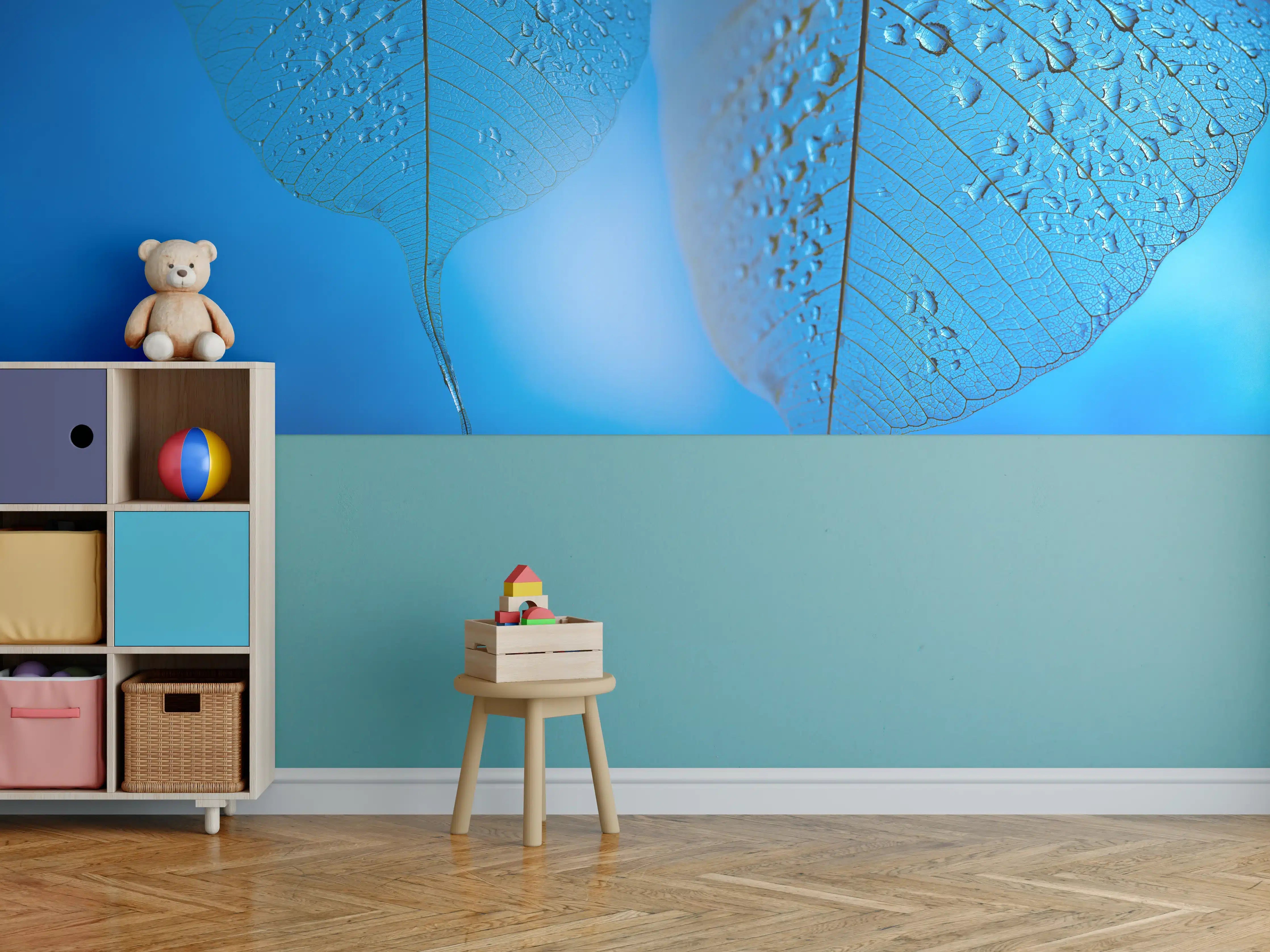 Kinderzimmer Wandgestaltung - Blaues Tautropfen Blatt Makro