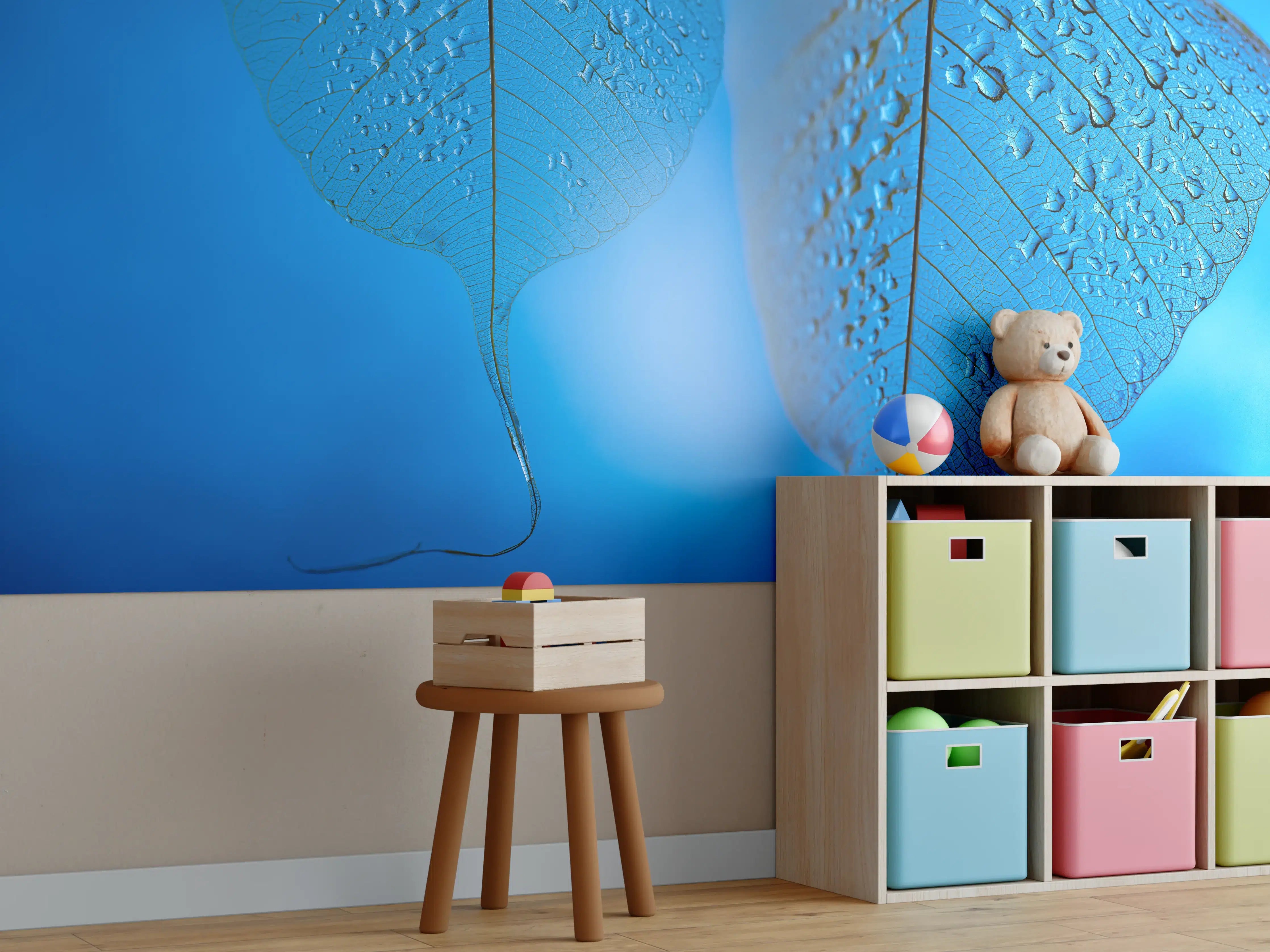 Kinderzimmer Wandgestaltung - Blaues Tautropfen Blatt Makro