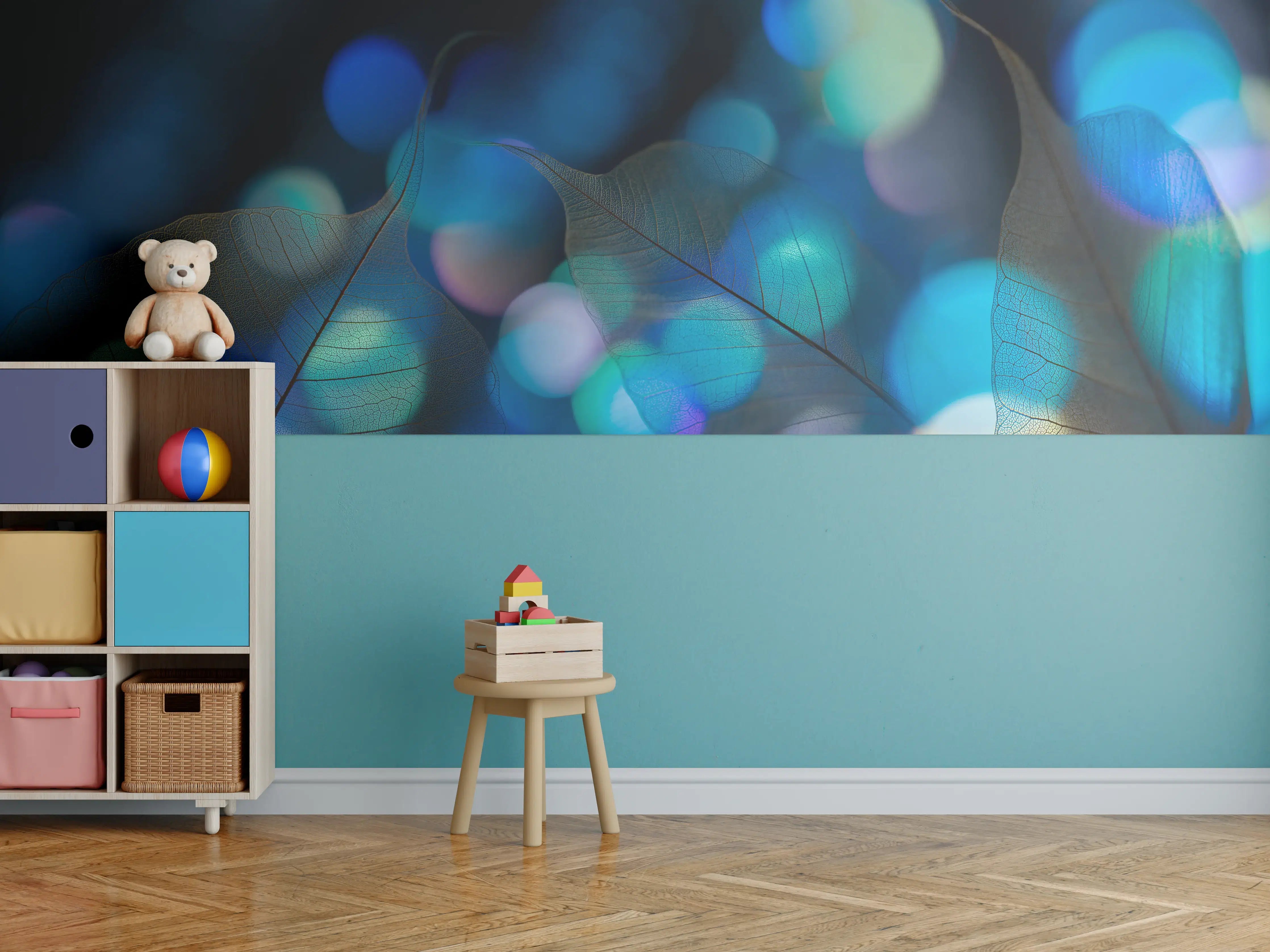 Kinderzimmer Wandgestaltung - Blaugrün Lichtspiel Blatttextur