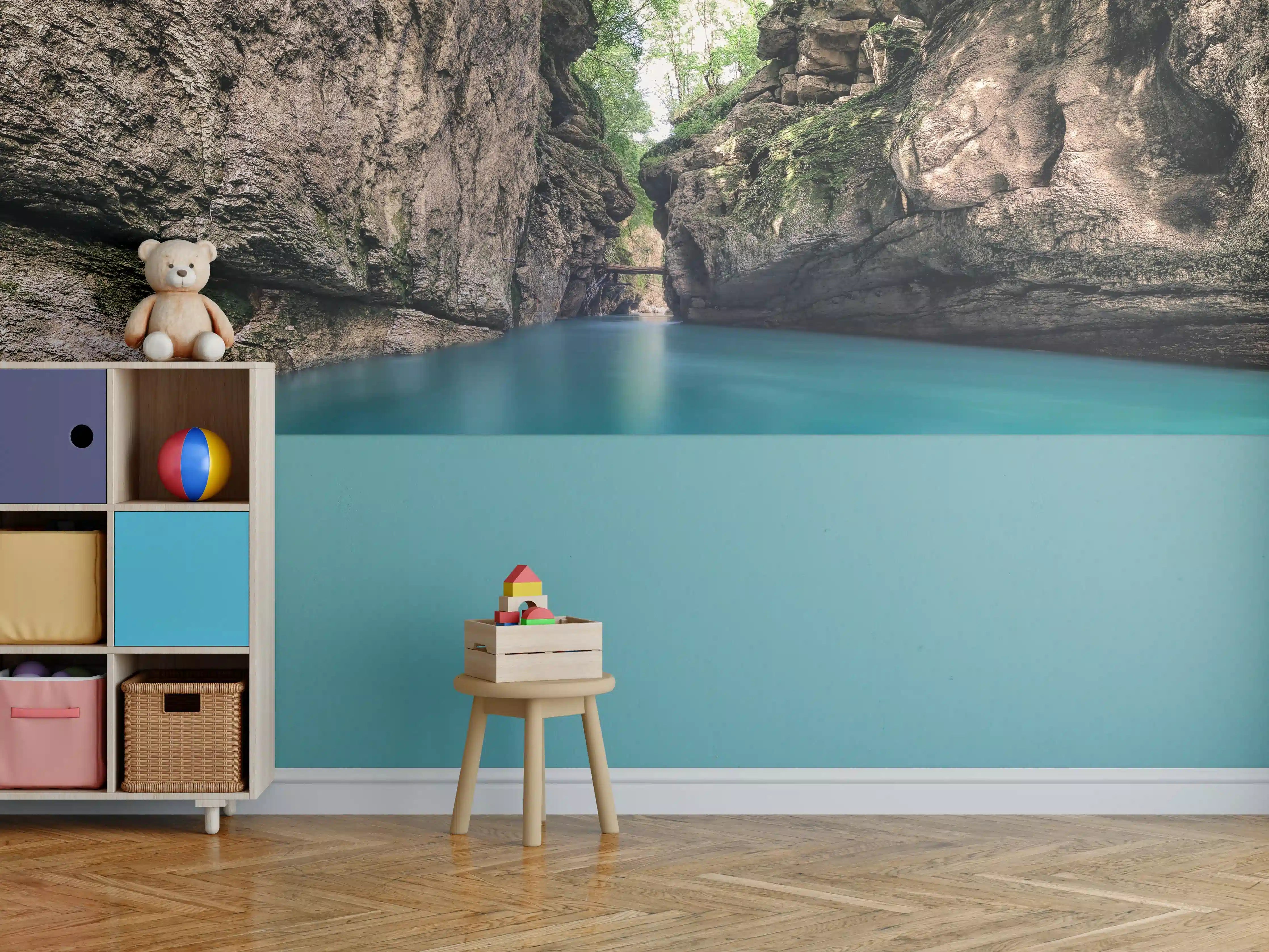 Kinderzimmer Wandgestaltung - Blautöne und Felsformationen im Flusstal