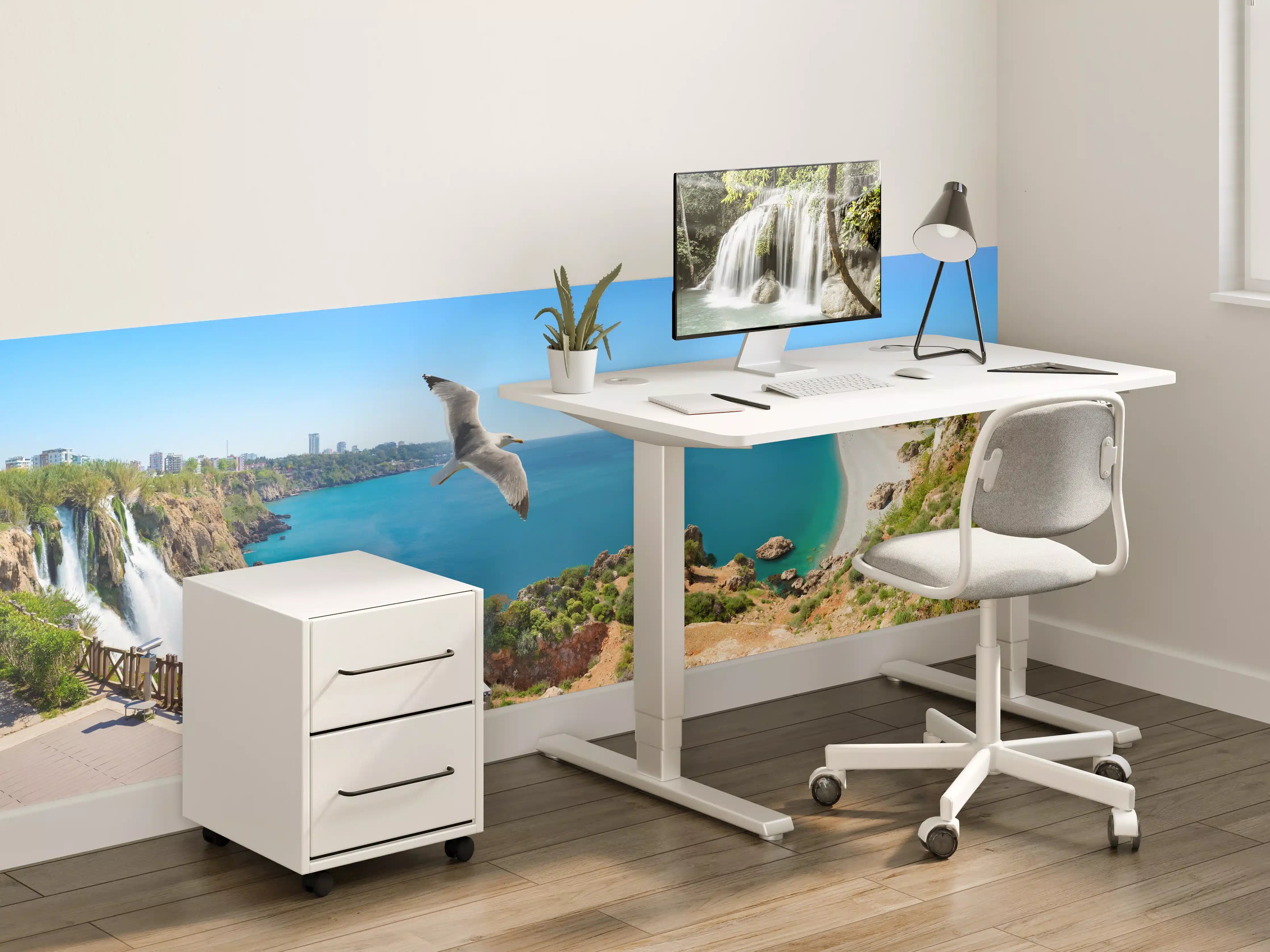 Kinderzimmer Wandgestaltung - Blick auf den Panoramasee mit Wasserfällen und Vogel in der Luft