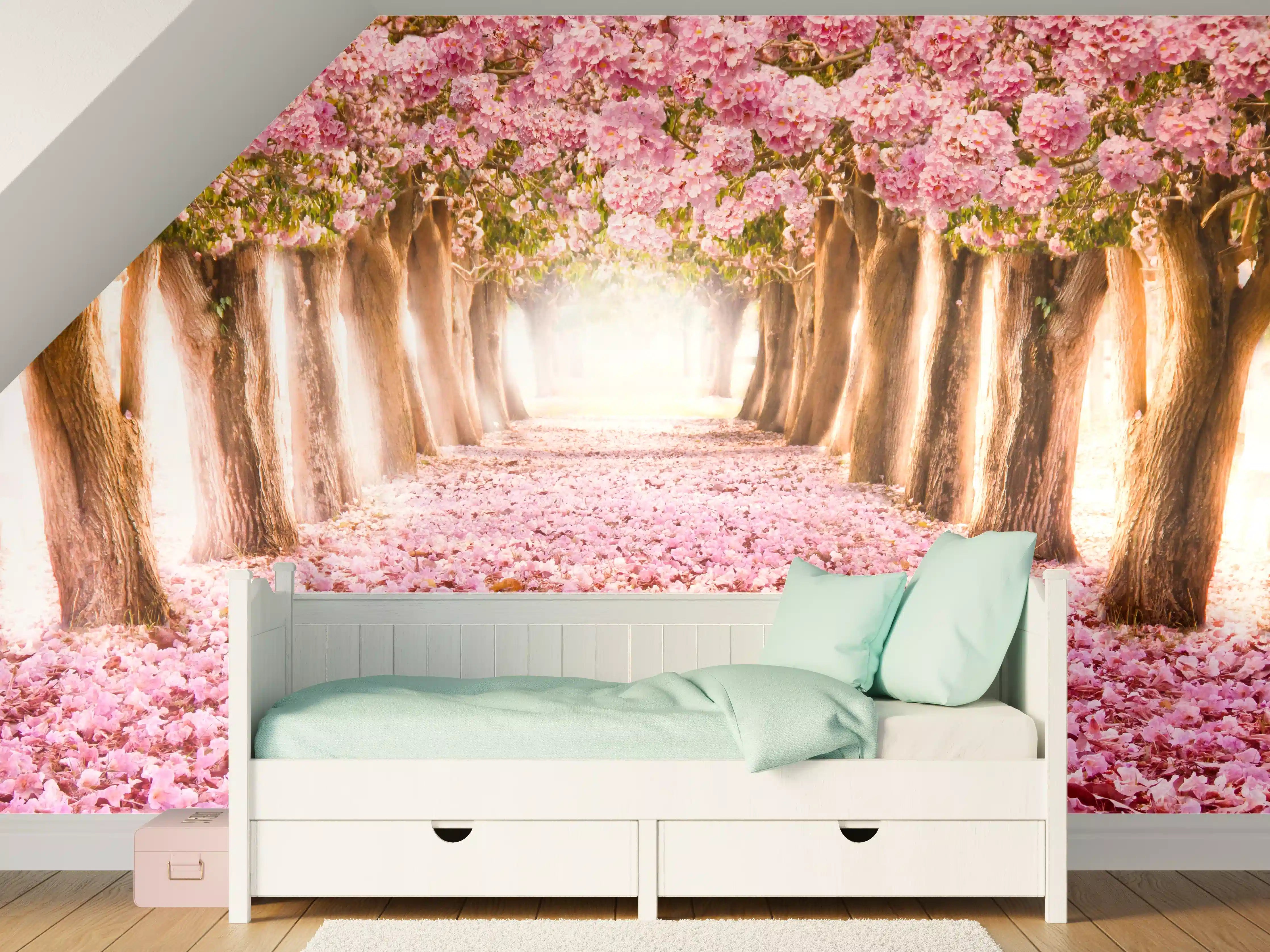 Kinderzimmer Wandgestaltung - Blühender Märchenweg mit rosa Blüten
