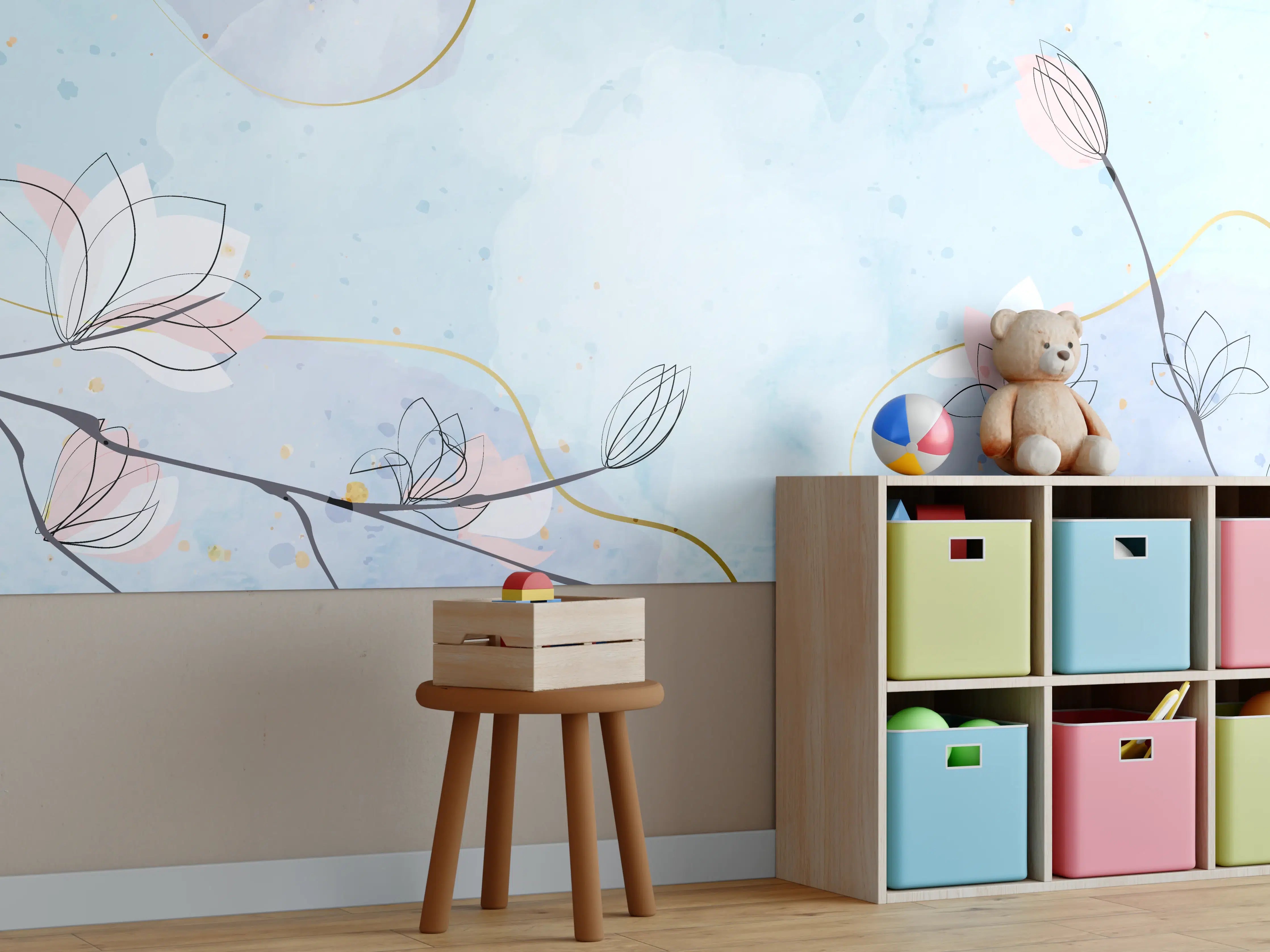 Kinderzimmer Wandgestaltung - Blumen-Aquarell Pastellfarben