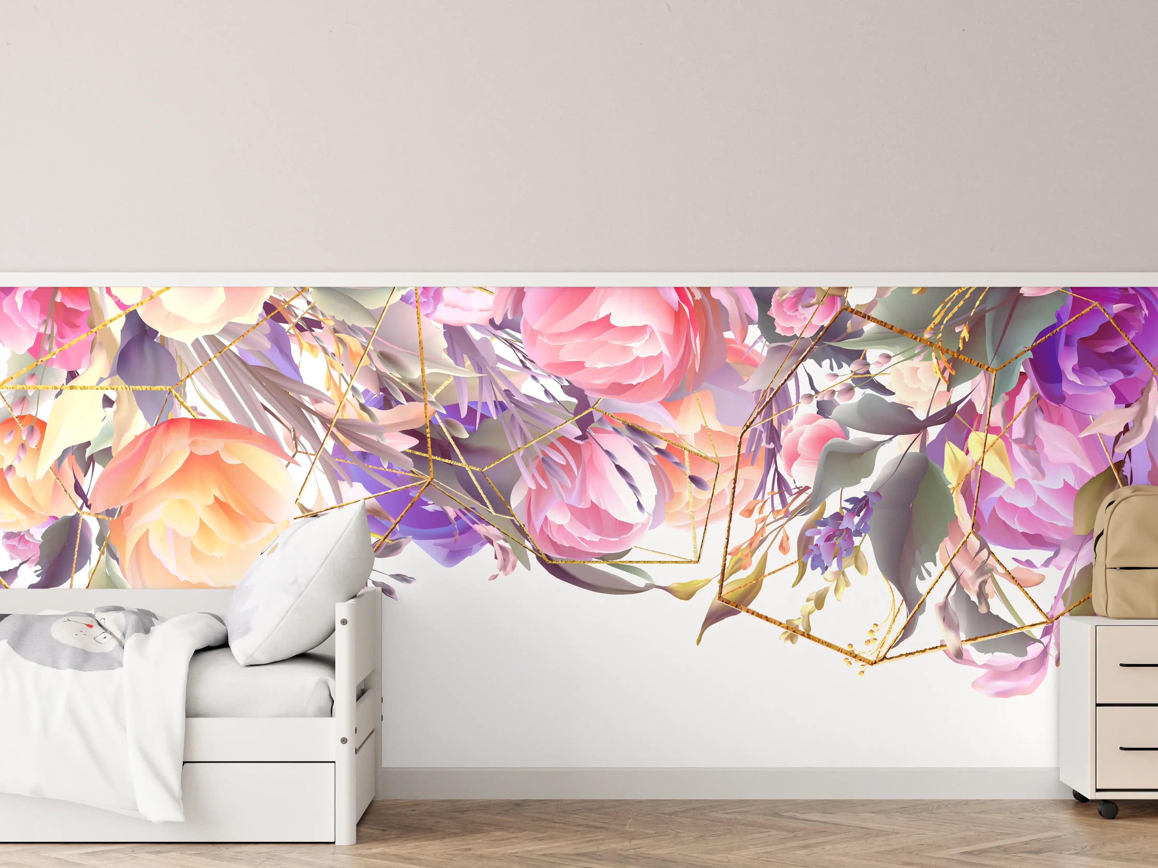 Kinderzimmer Wandgestaltung - Blumen-Muster Abstrakt Gold