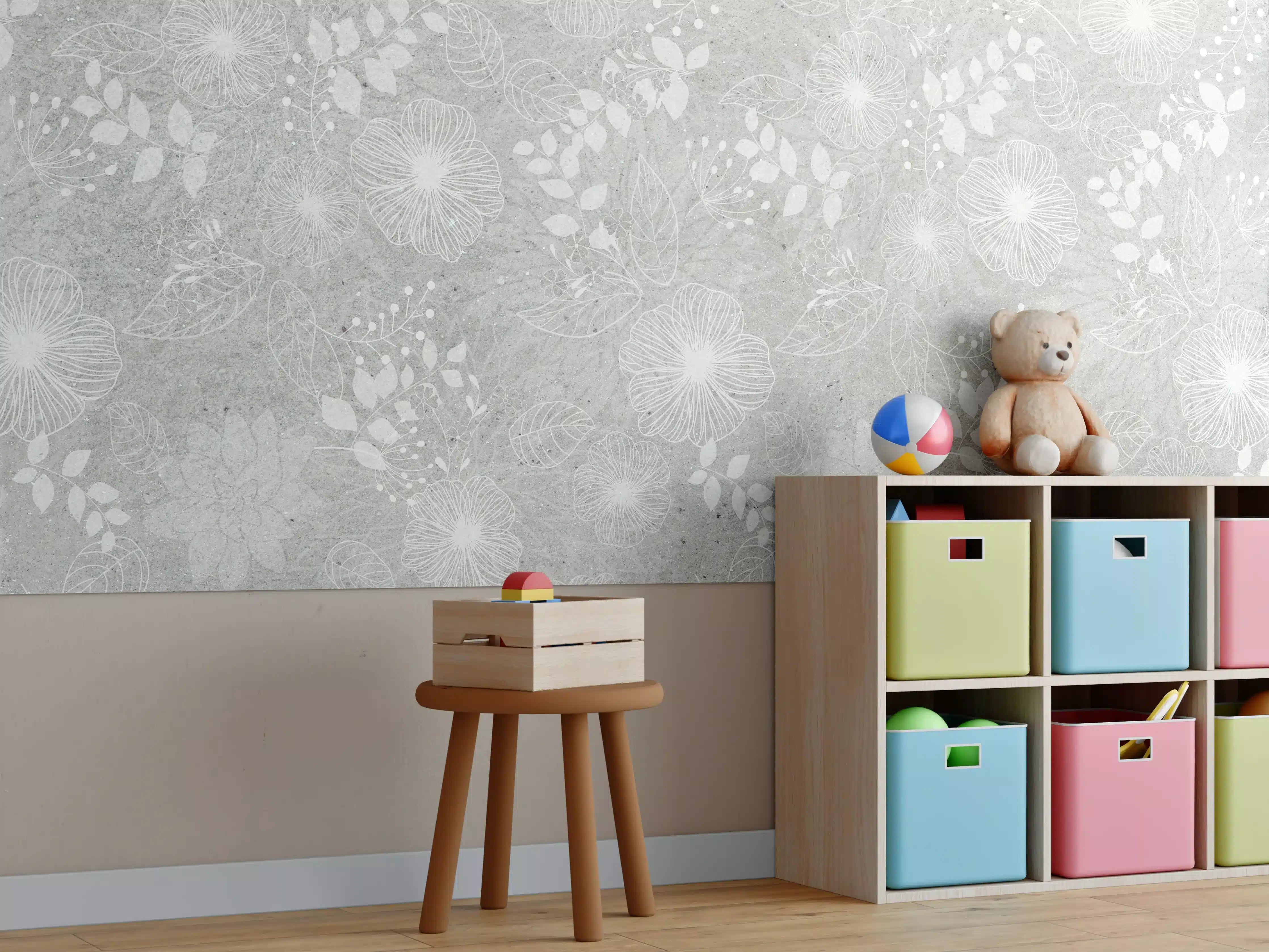 Kinderzimmer Wandgestaltung - Blumen auf grauem Beton