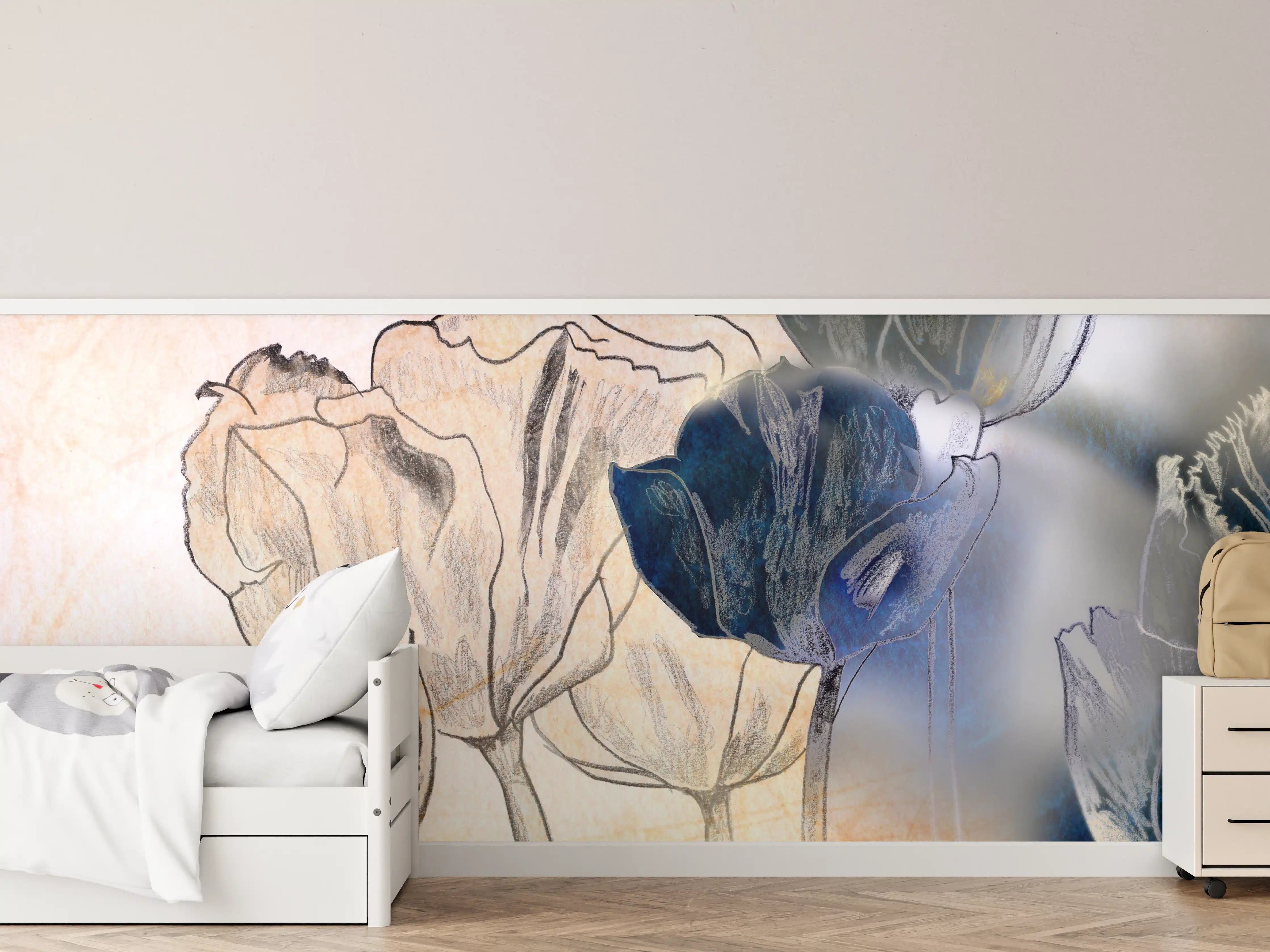 Kinderzimmer Wandgestaltung - Blumen in Blau und Beige