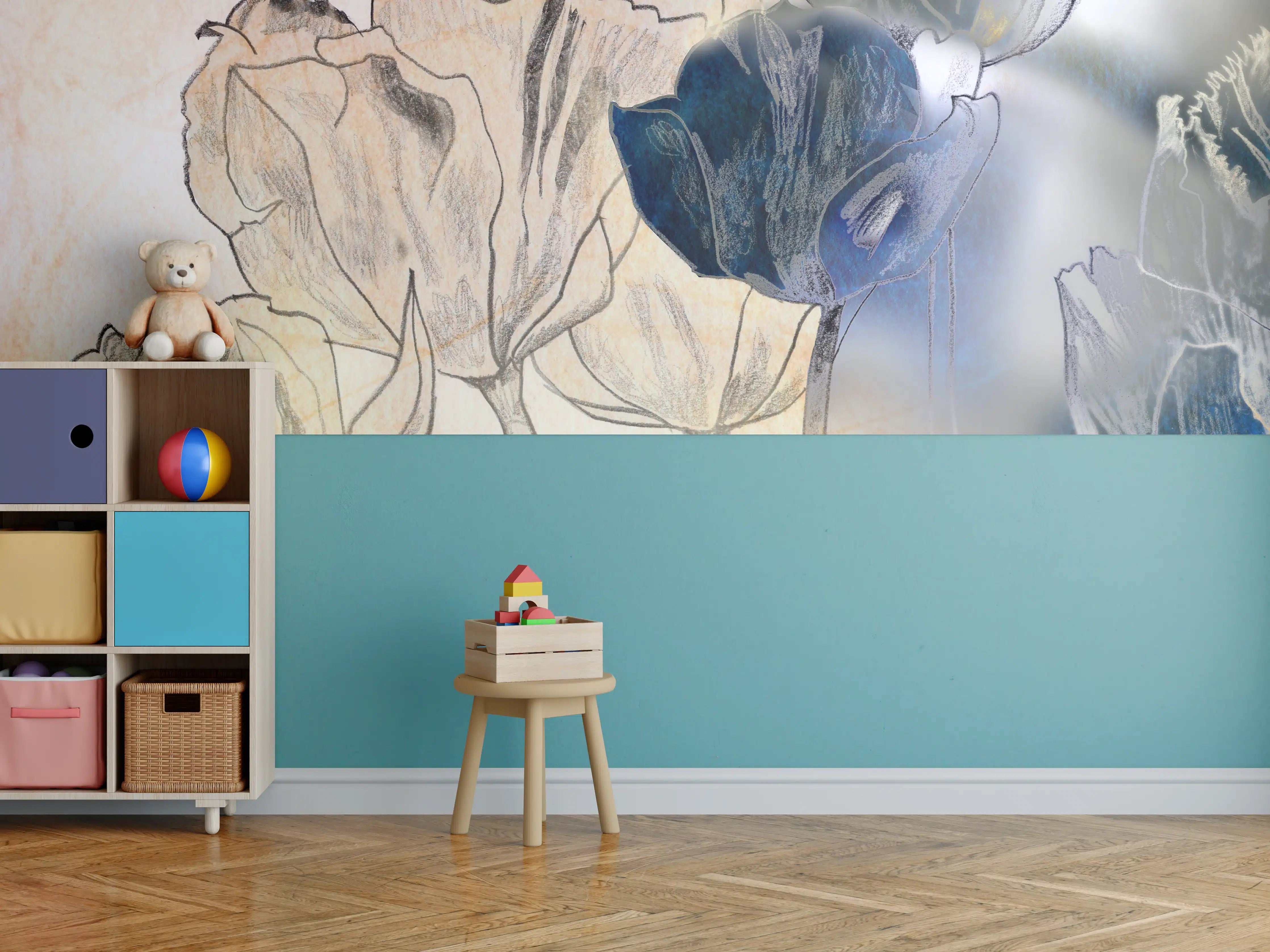 Kinderzimmer Wandgestaltung - Blumen in Blau und Beige