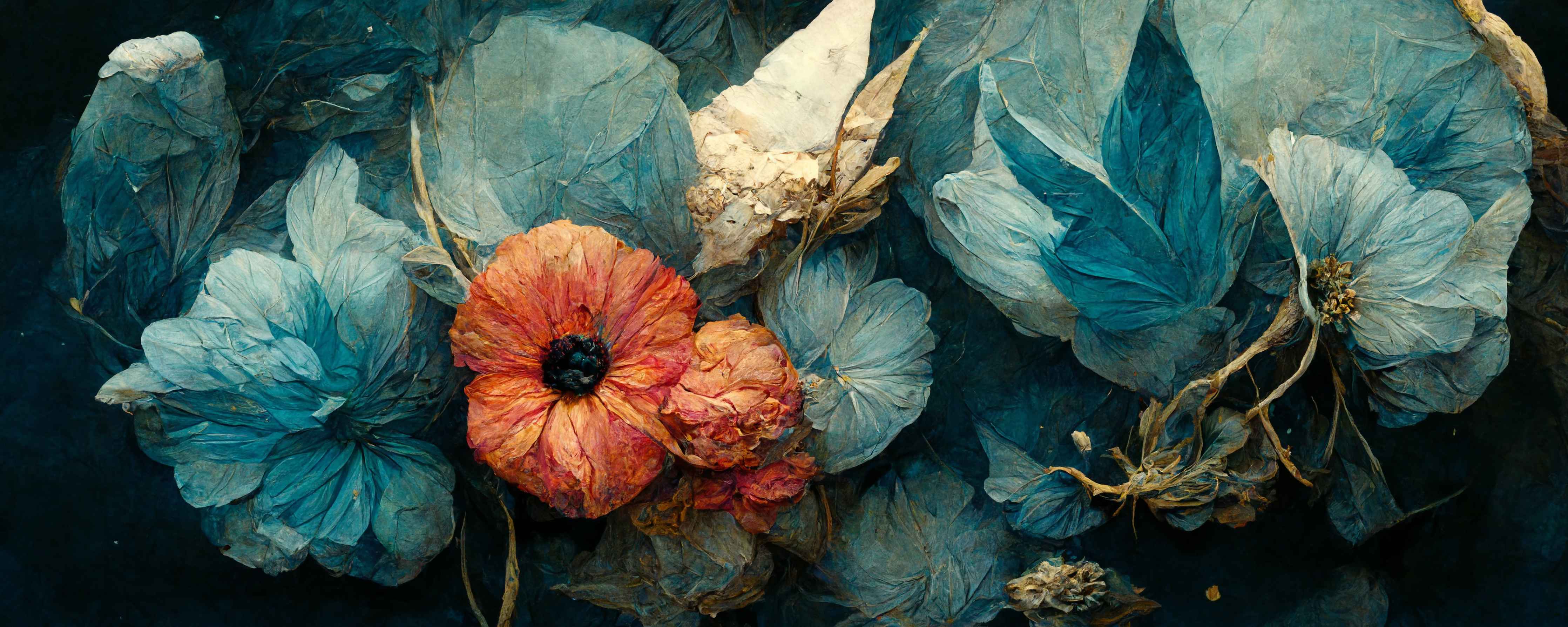 Kinderzimmer Wandgestaltung-Blumen in blauen Tönen und warmem Orange