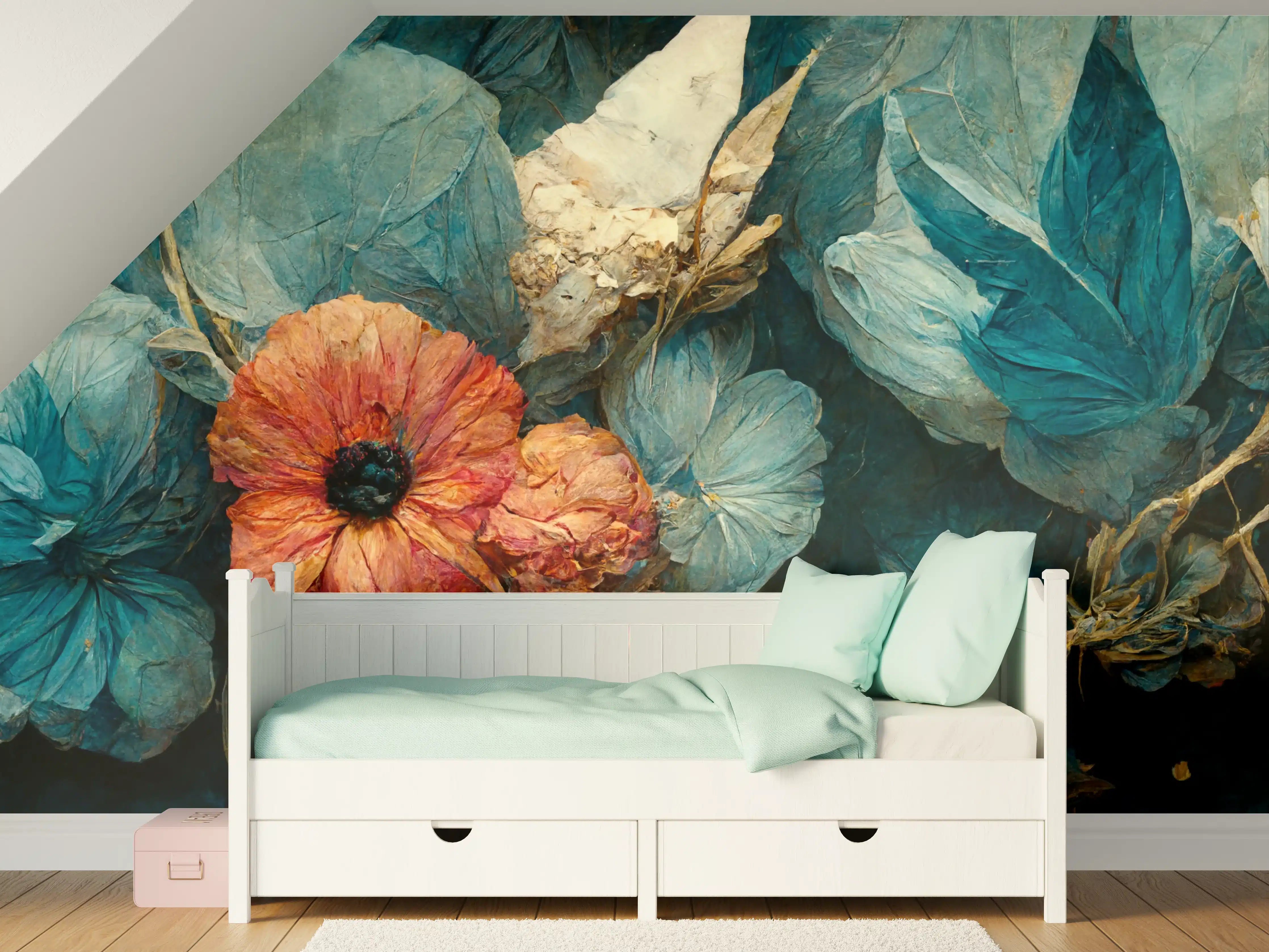 Kinderzimmer Wandgestaltung - Blumen in blauen Tönen und warmem Orange
