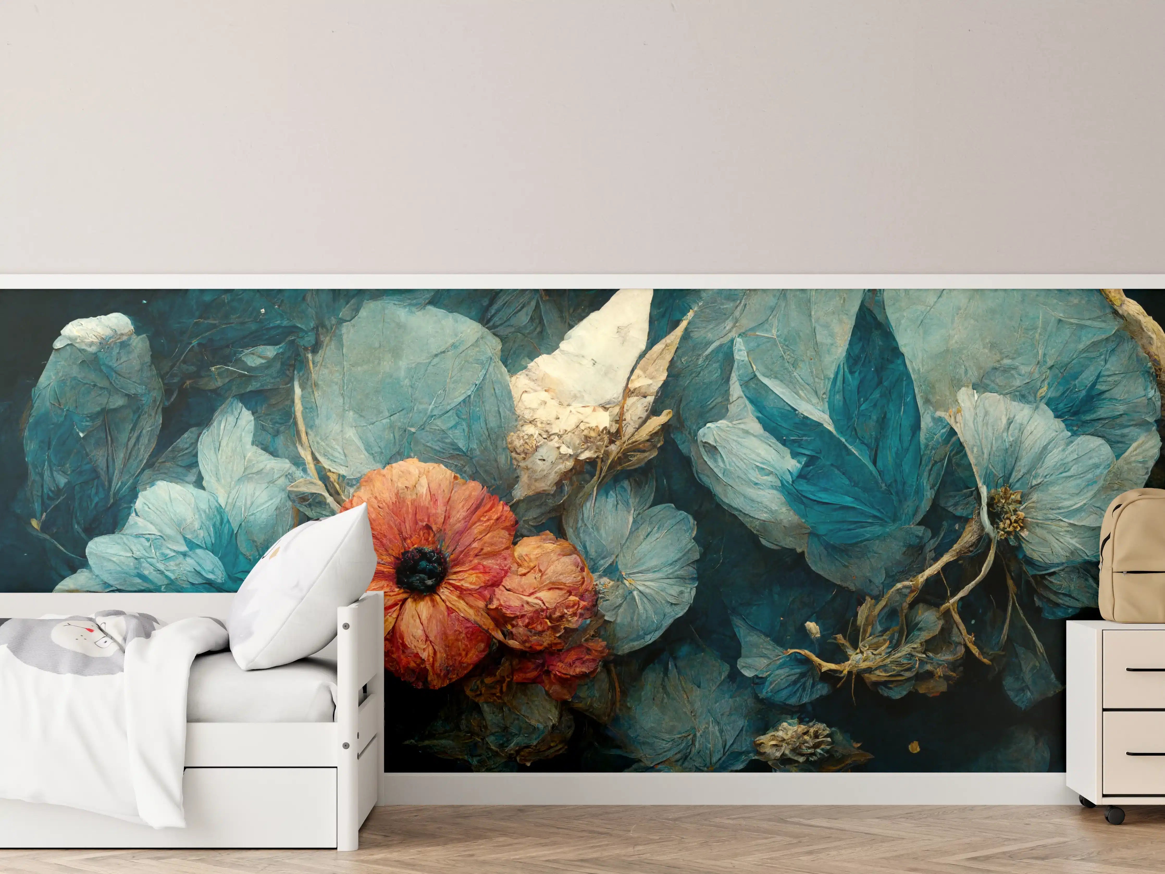 Kinderzimmer Wandgestaltung - Blumen in blauen Tönen und warmem Orange