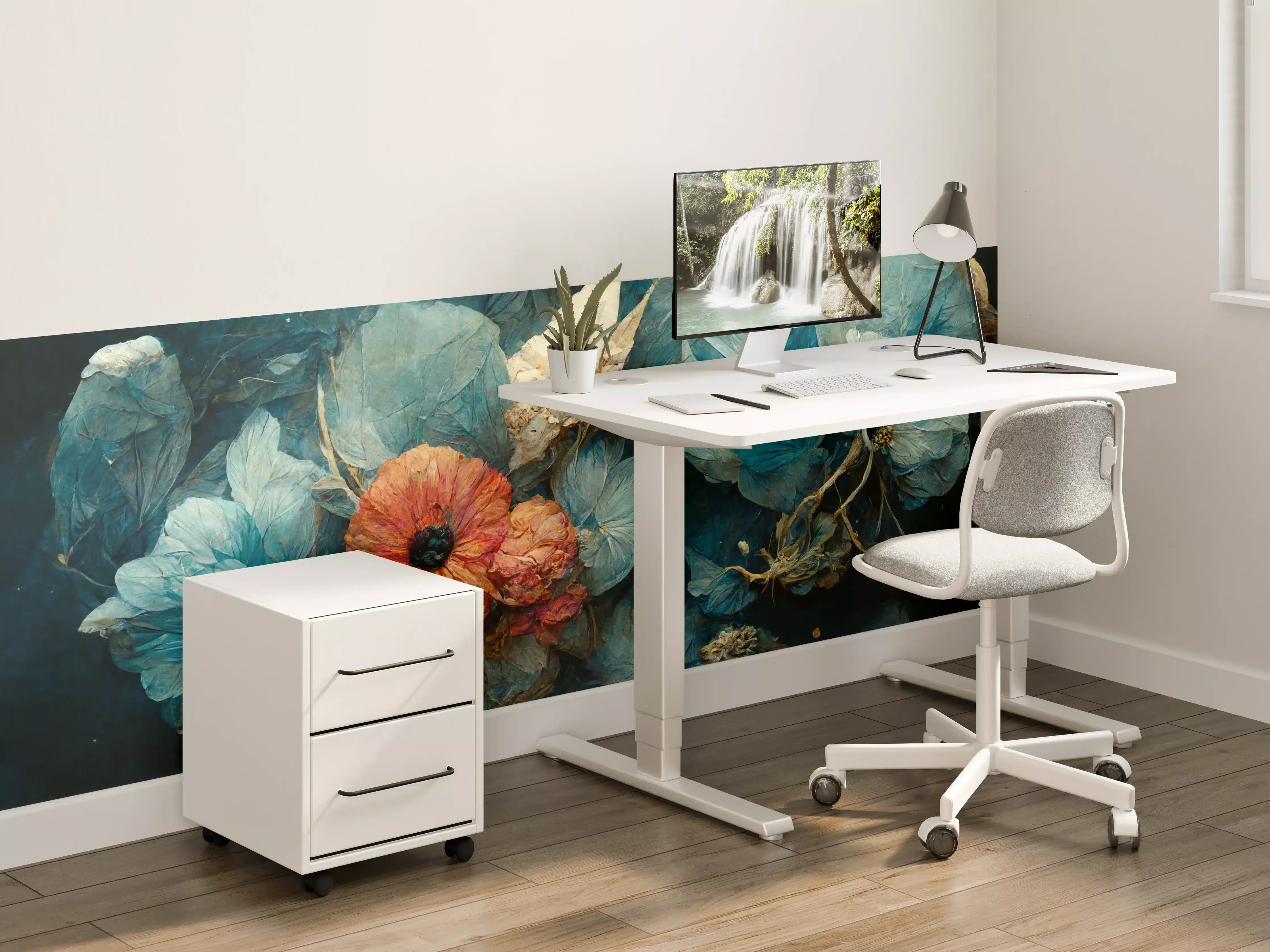 Kinderzimmer Wandgestaltung - Blumen in blauen Tönen und warmem Orange