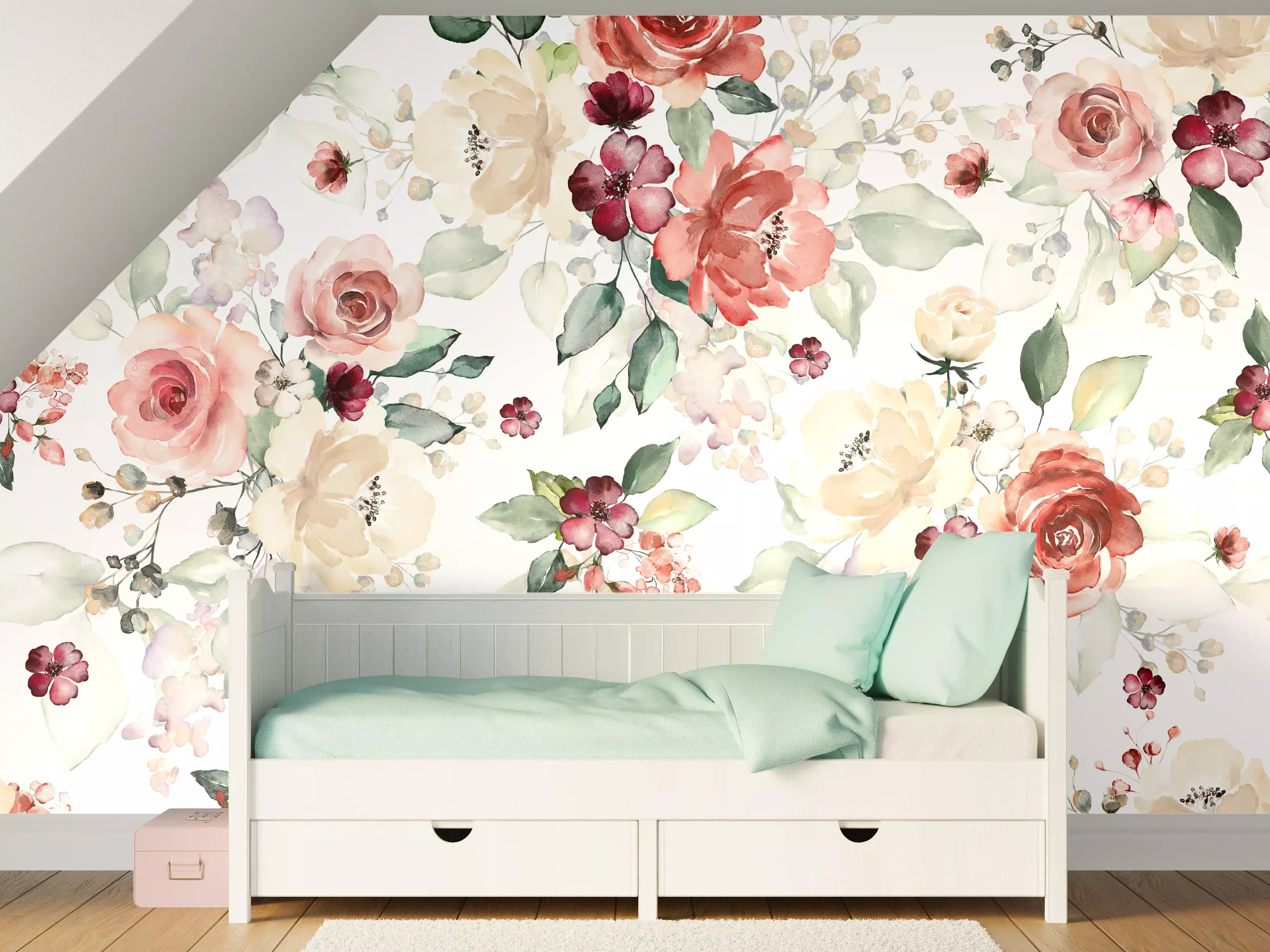 Kinderzimmer Wandgestaltung - Blumen und Blätter im Tapeten-Stil