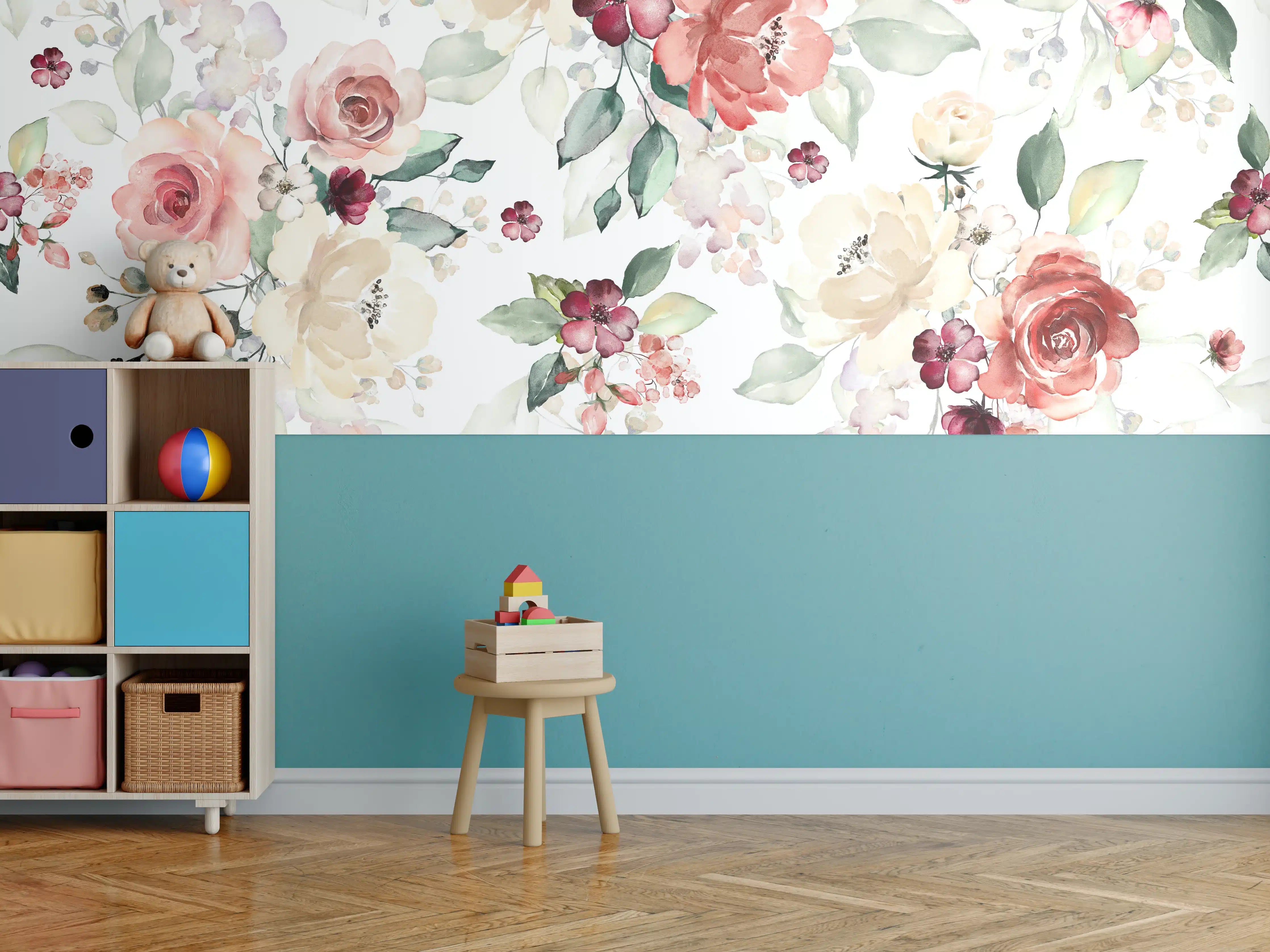 Kinderzimmer Wandgestaltung - Blumen und Blätter im Tapeten-Stil