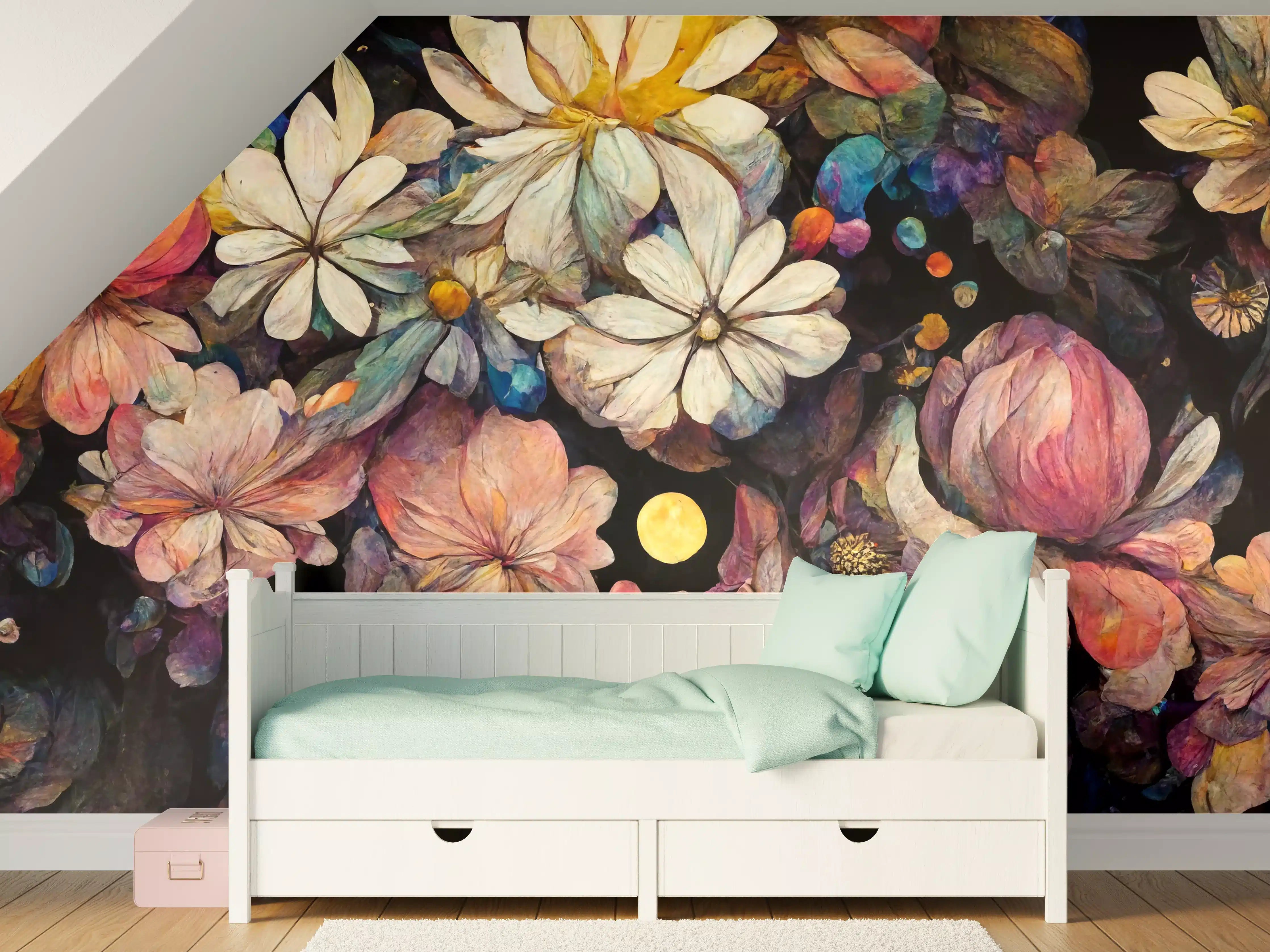 Kinderzimmer Wandgestaltung - Blumen und bunte Farbtupfer im Kosmos