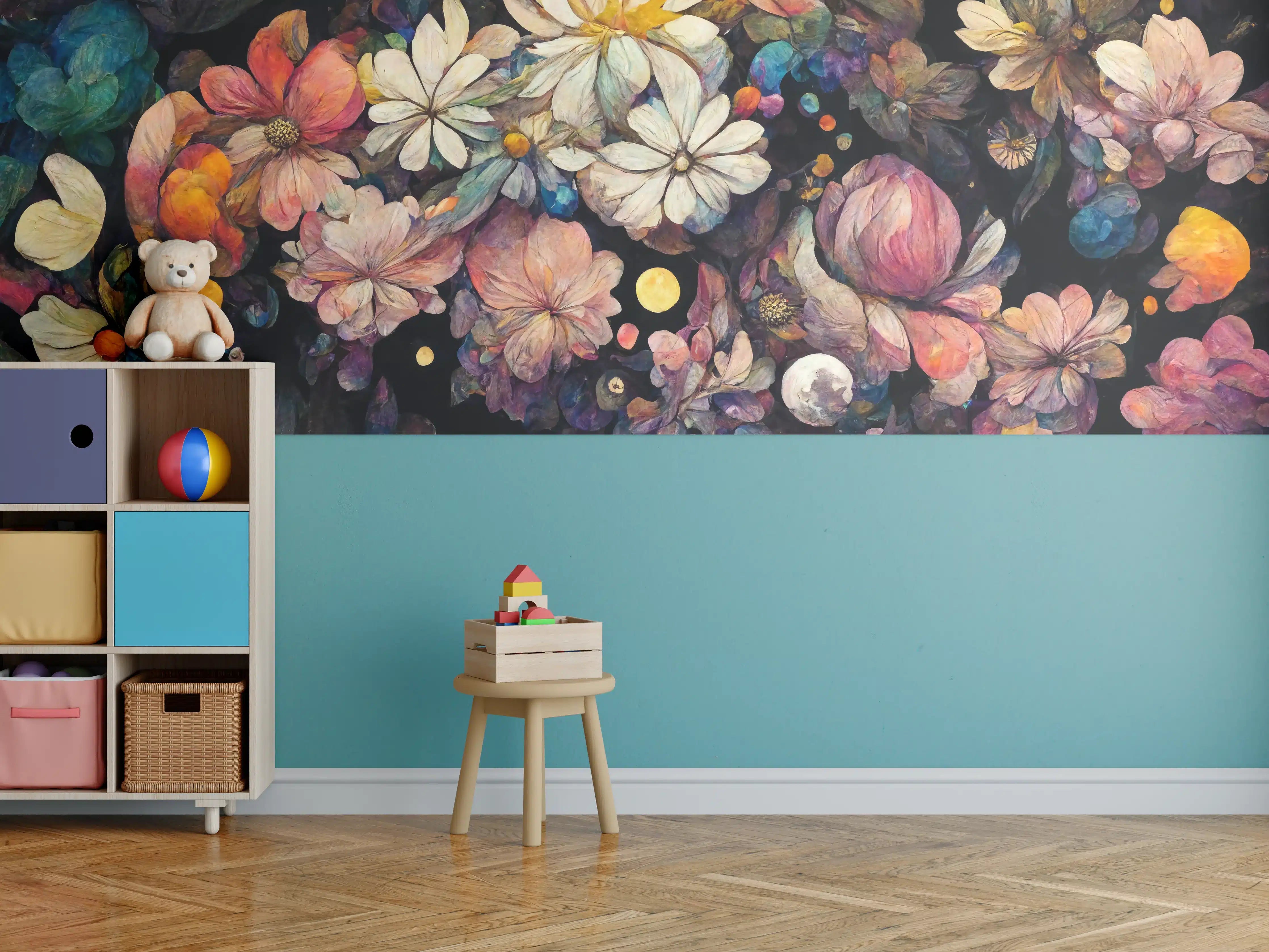 Kinderzimmer Wandgestaltung - Blumen und bunte Farbtupfer im Kosmos