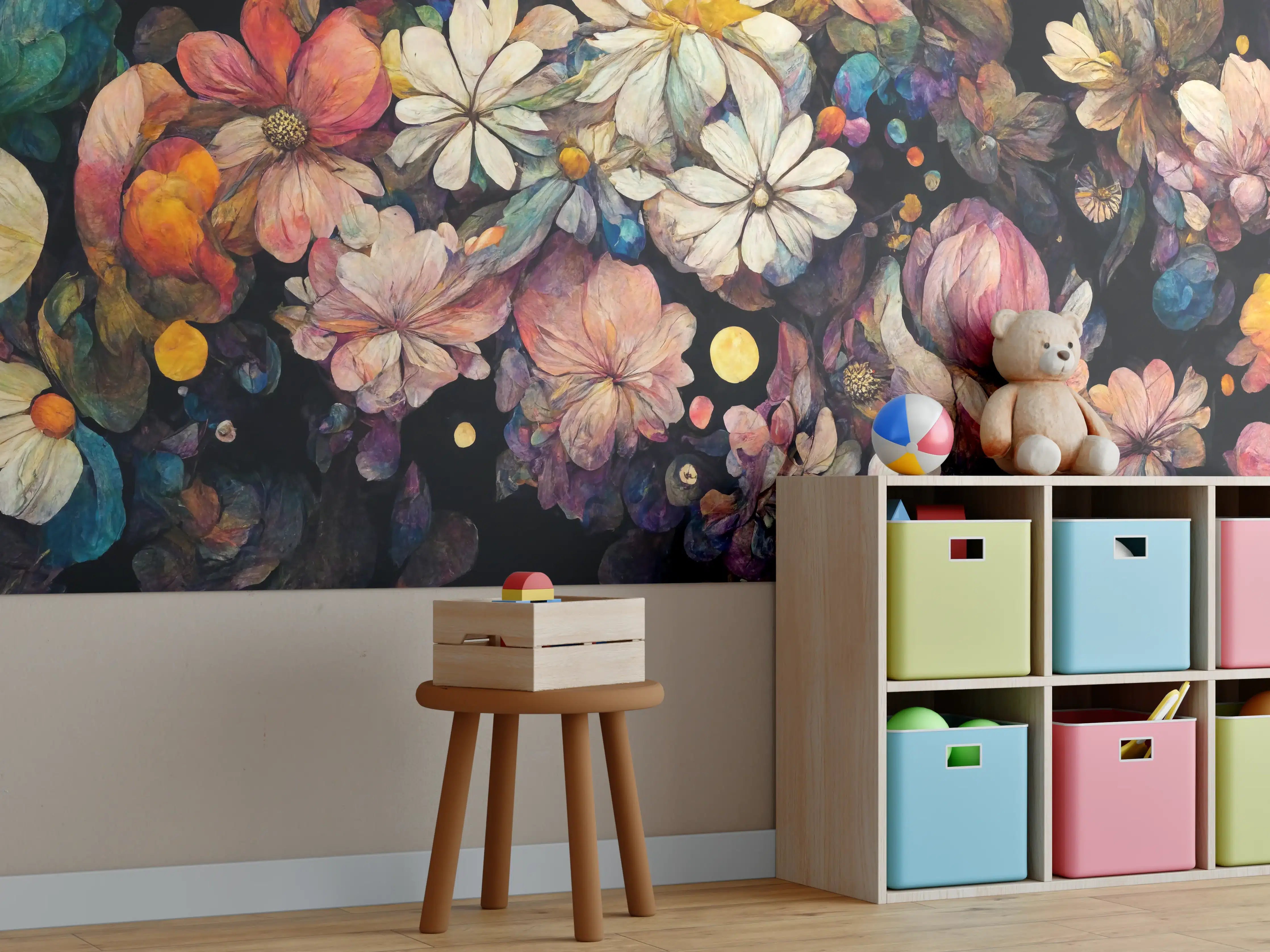 Kinderzimmer Wandgestaltung - Blumen und bunte Farbtupfer im Kosmos