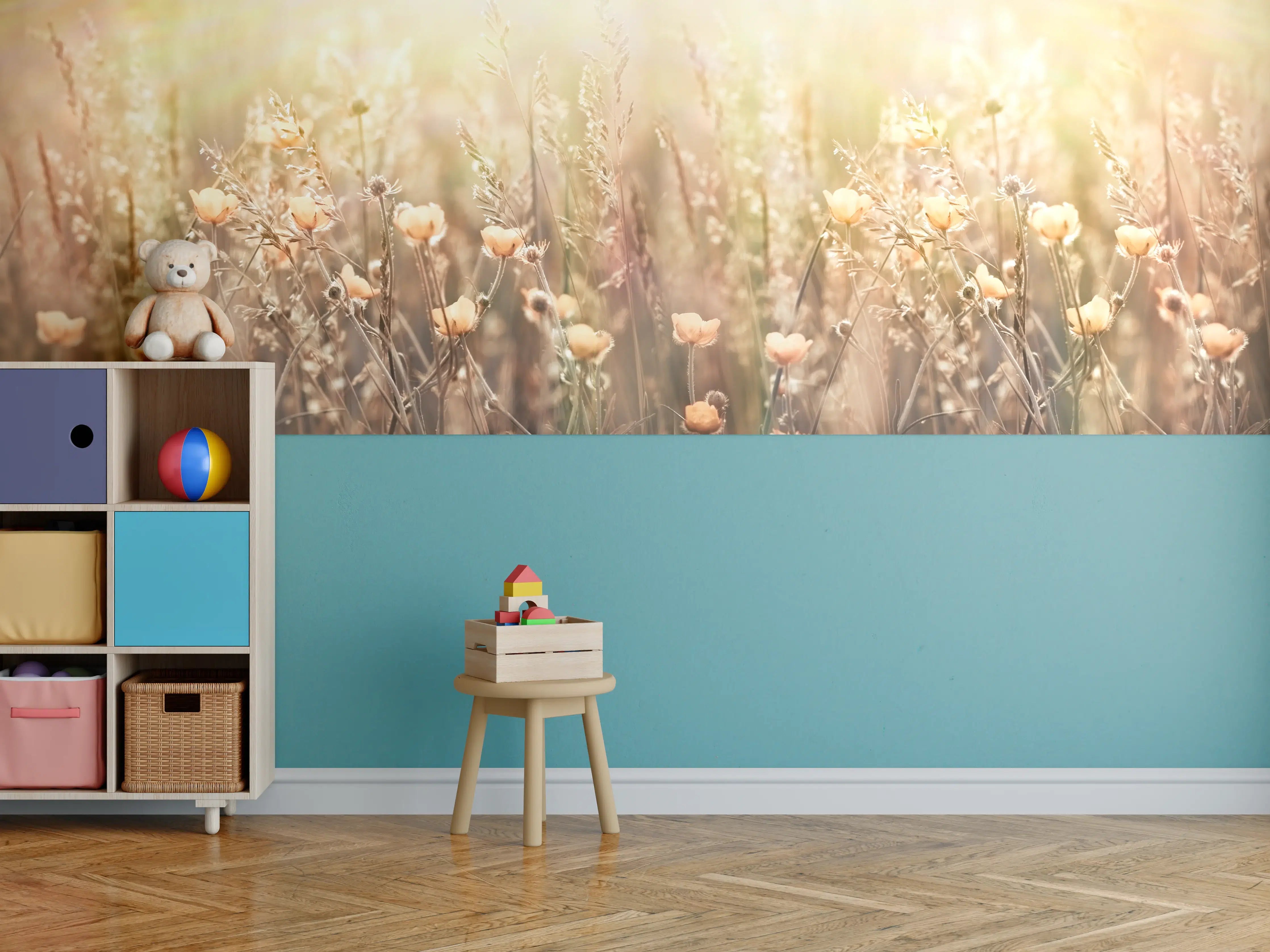 Kinderzimmer Wandgestaltung - Blumenfeld mit Sonnenstrahlen