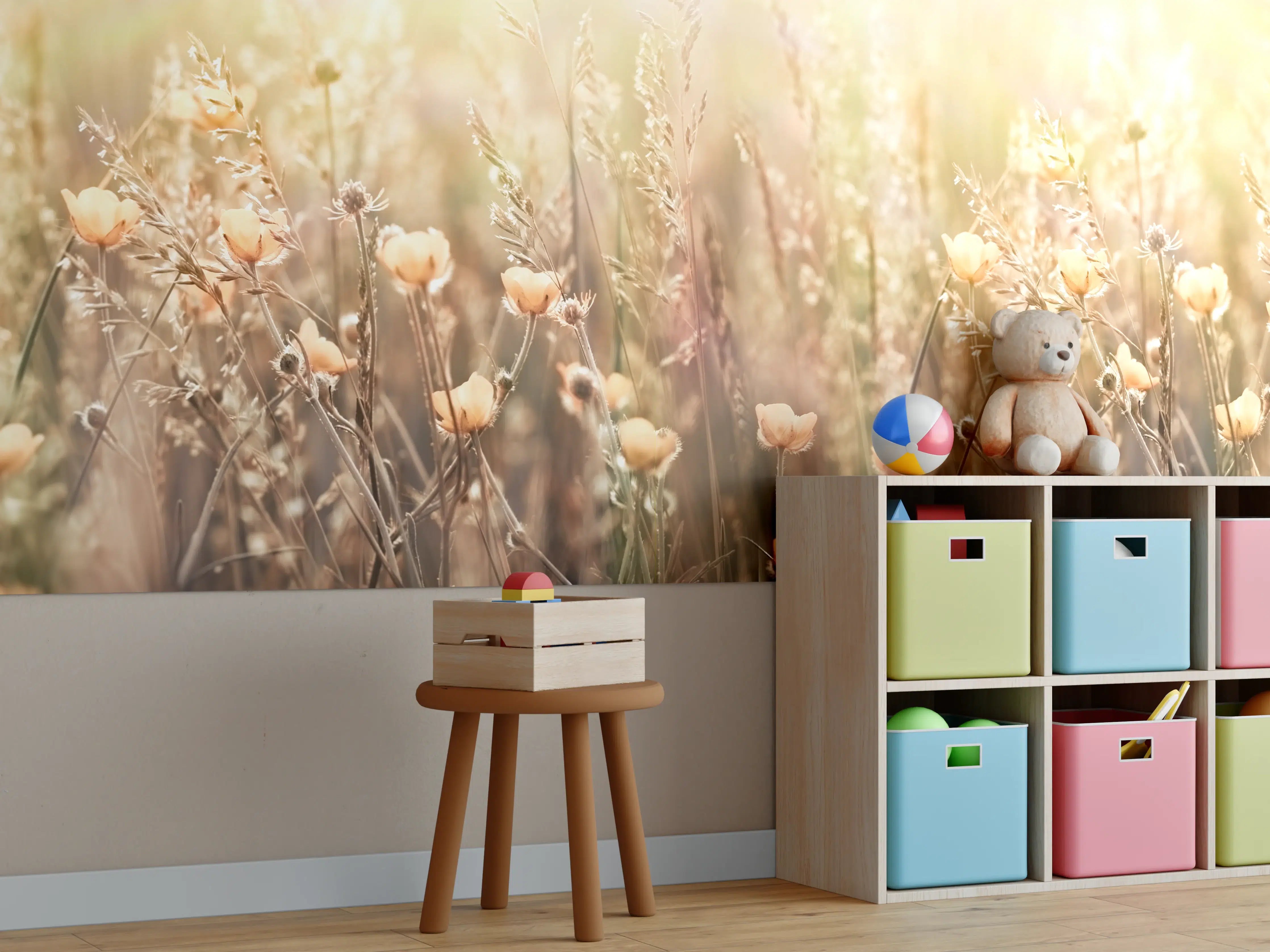 Kinderzimmer Wandgestaltung - Blumenfeld mit Sonnenstrahlen