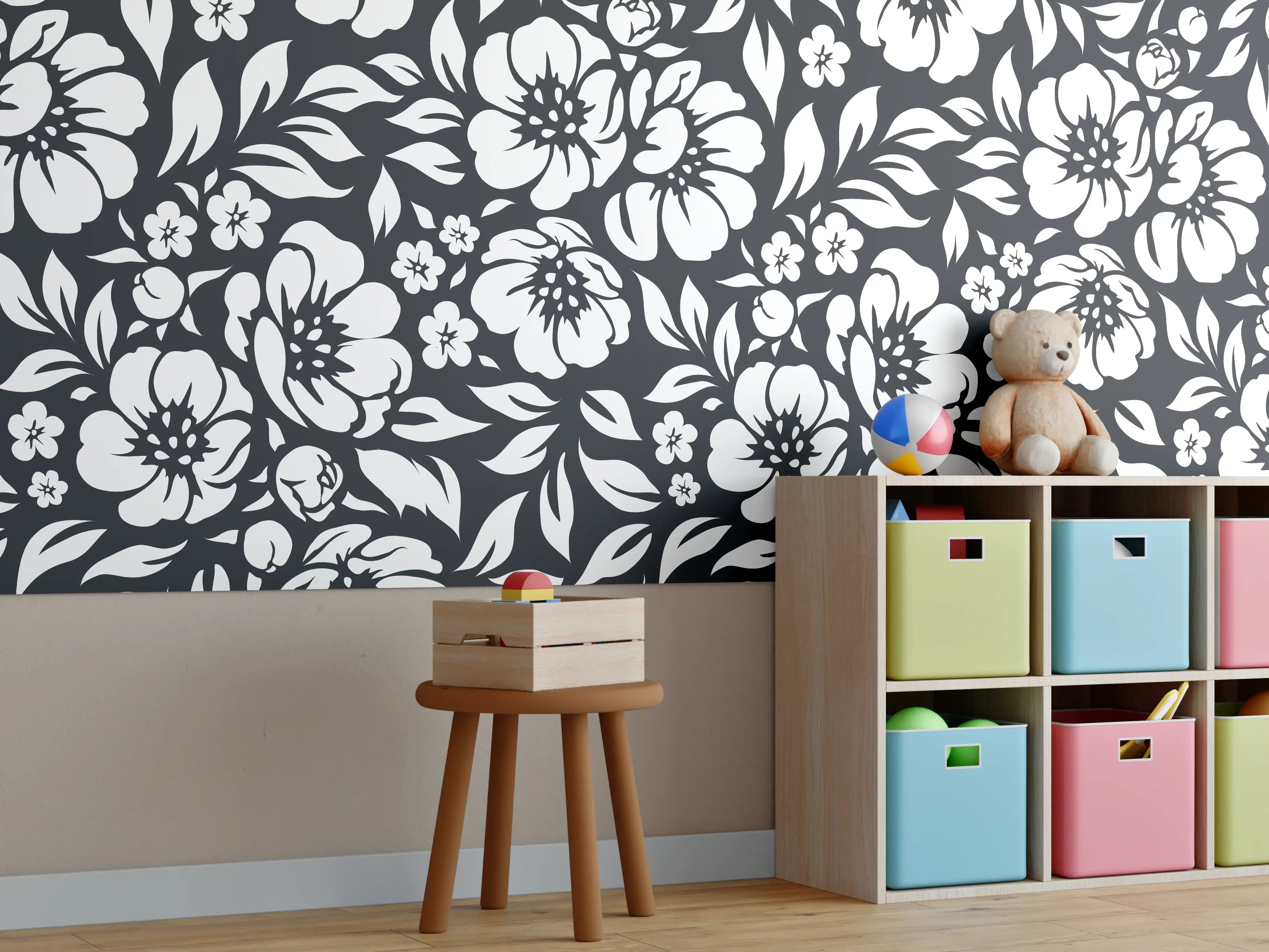 Kinderzimmer Wandgestaltung - Blumenmuster Schwarz-Weiß