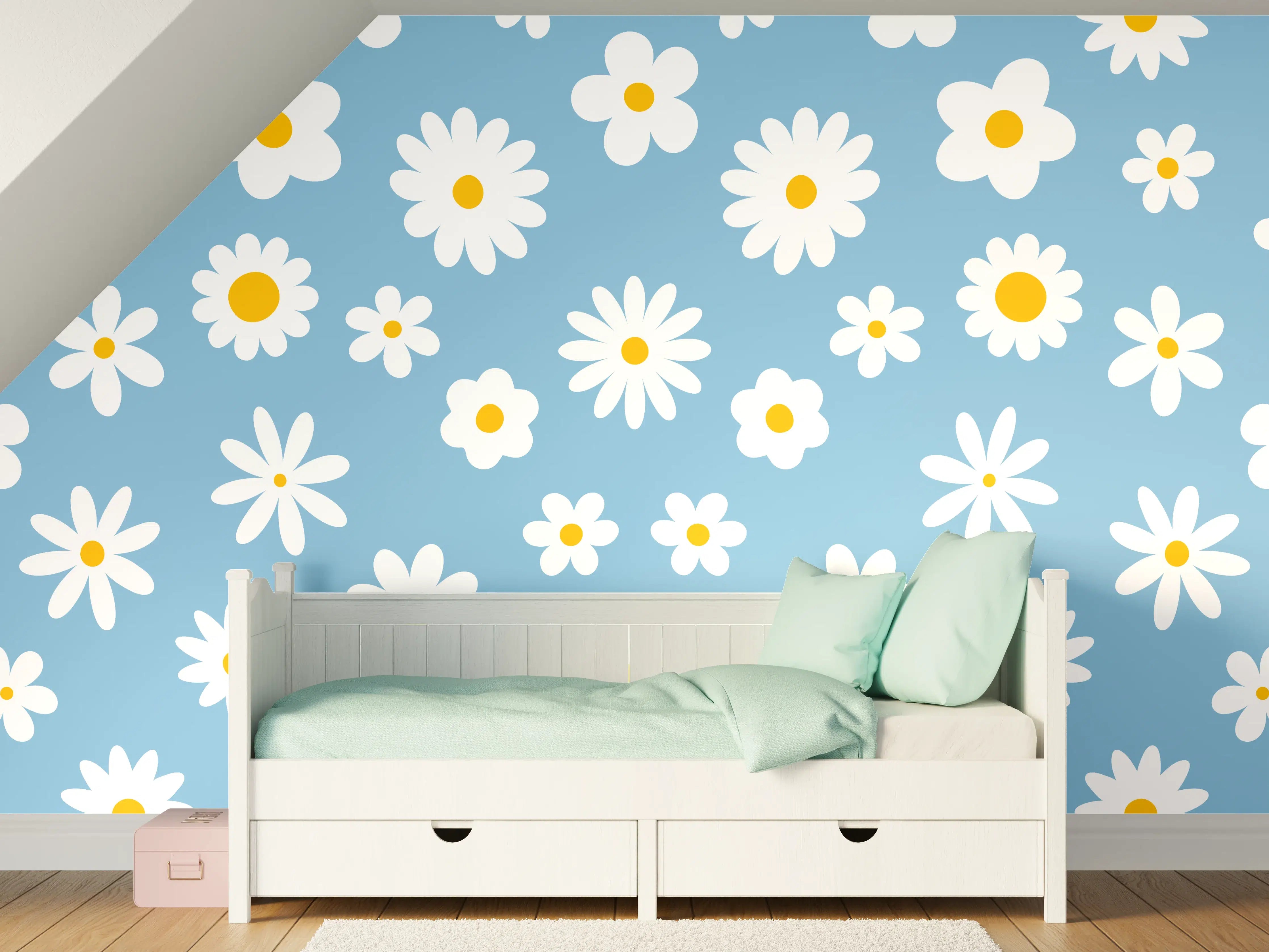 Kinderzimmer Wandgestaltung - Blumenmuster auf hellblauem Hintergrund