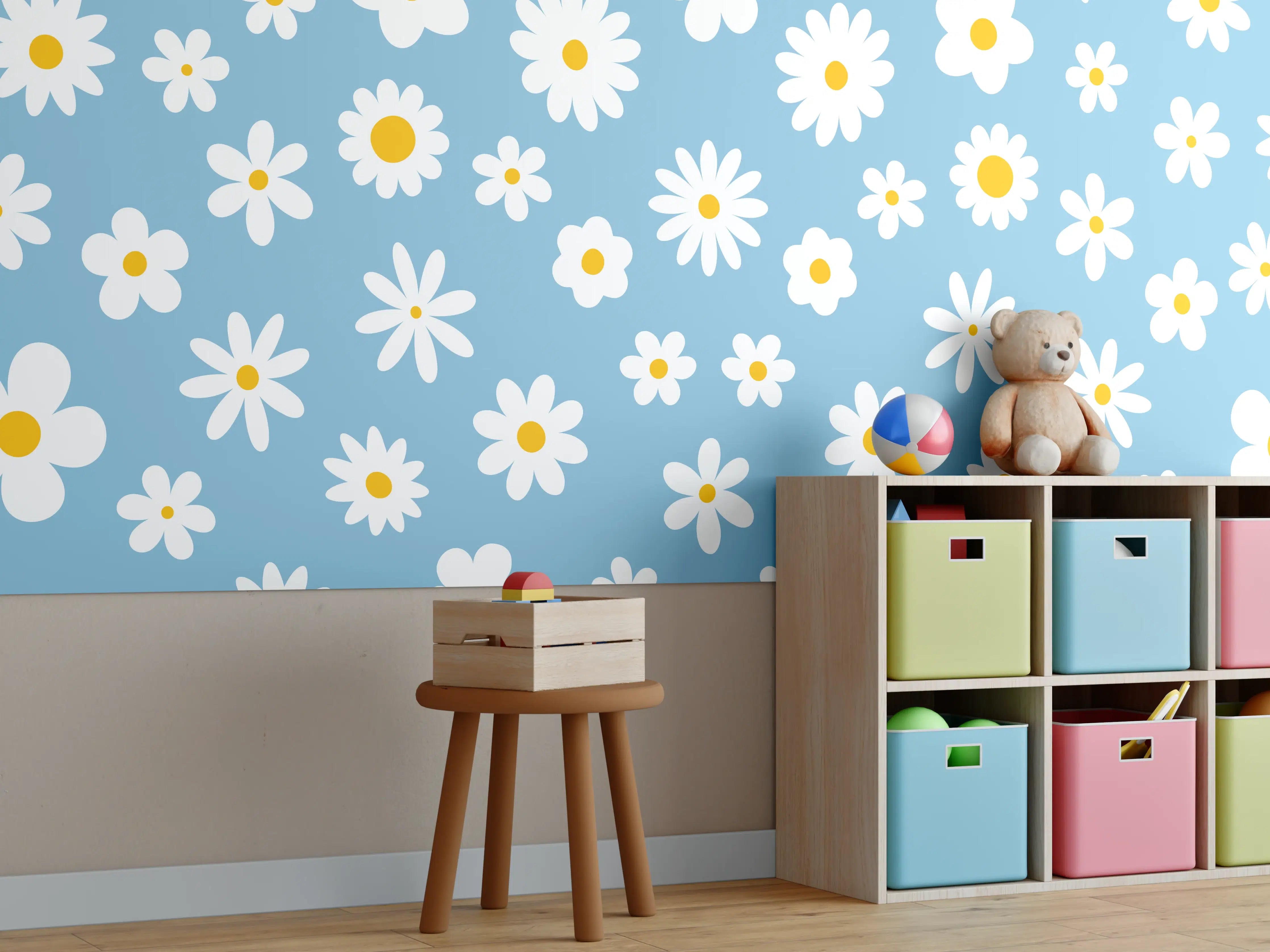 Kinderzimmer Wandgestaltung - Blumenmuster auf hellblauem Hintergrund