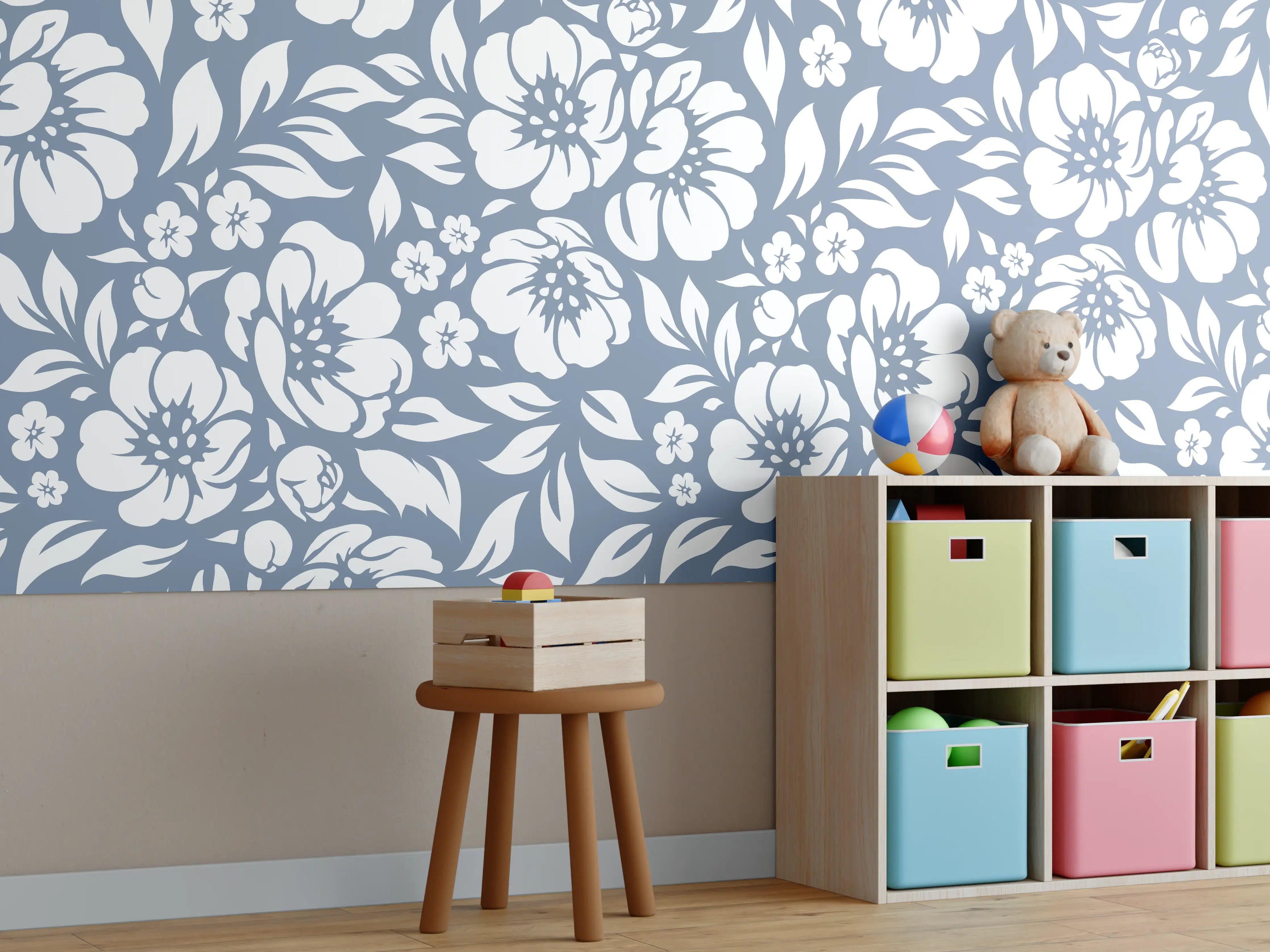 Kinderzimmer Wandgestaltung - Blumenmuster in Aqua