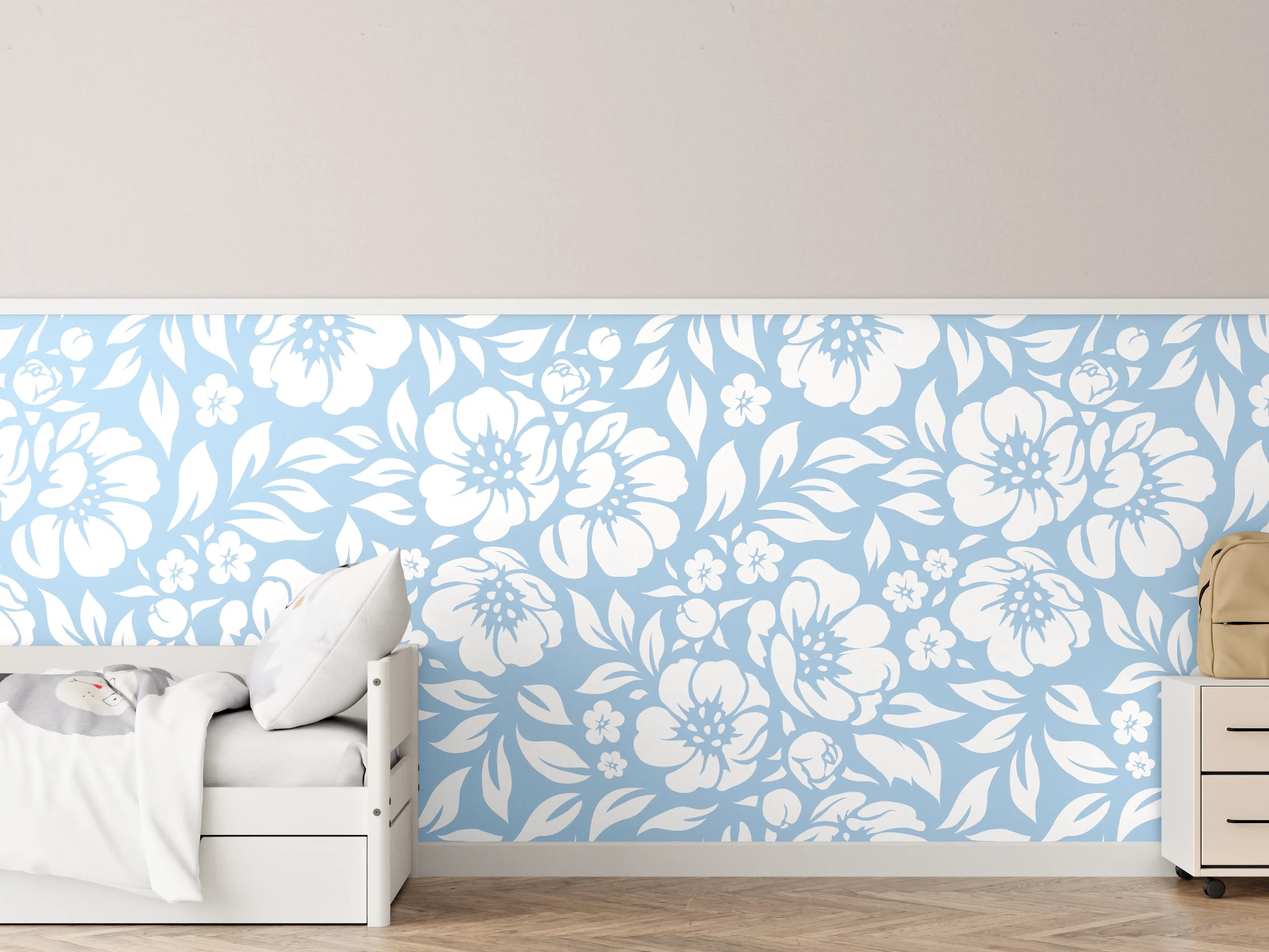 Kinderzimmer Wandgestaltung - Blumenmuster in Blau mit zarten Grautönen