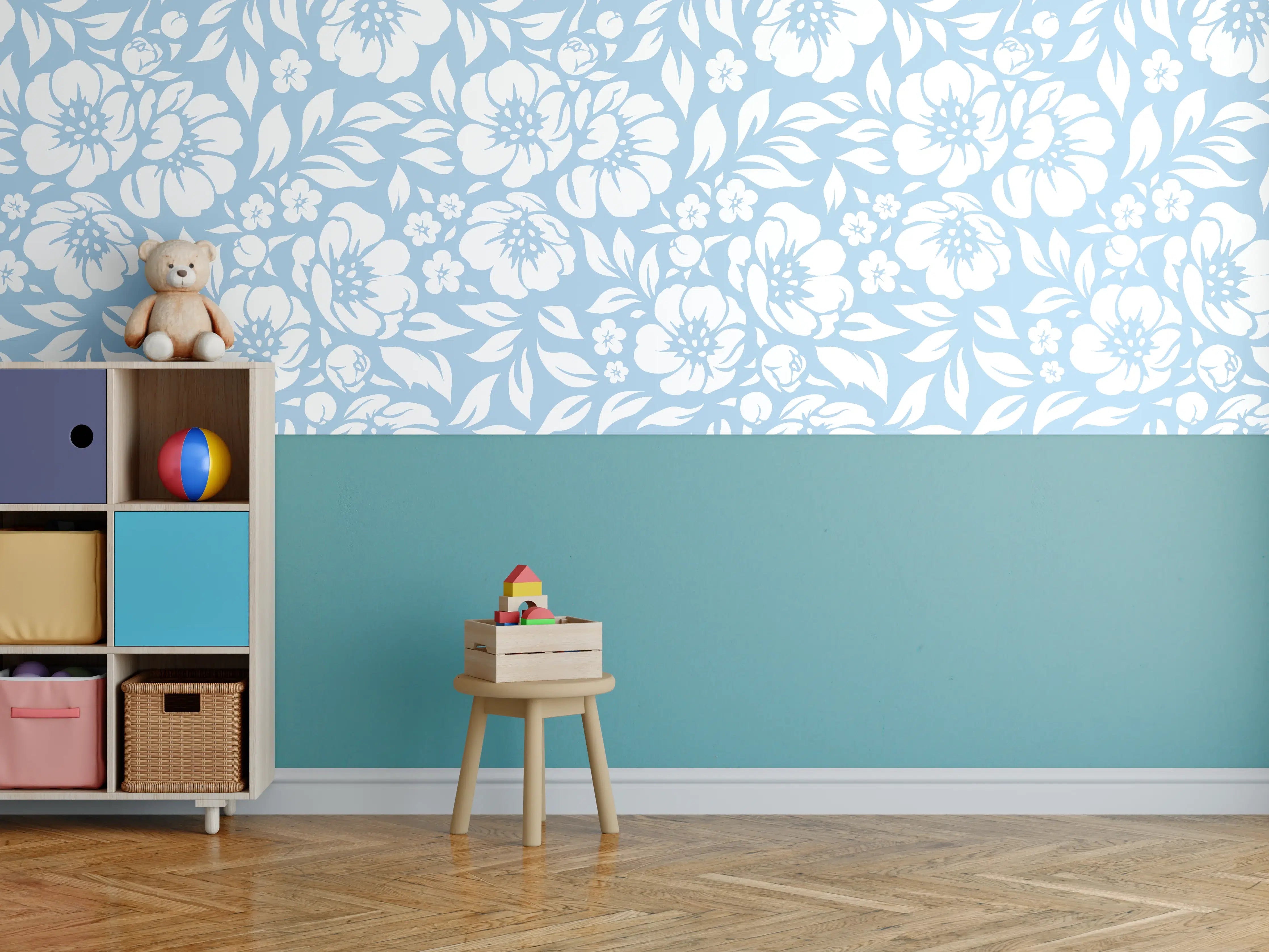 Kinderzimmer Wandgestaltung - Blumenmuster in Blau mit zarten Grautönen