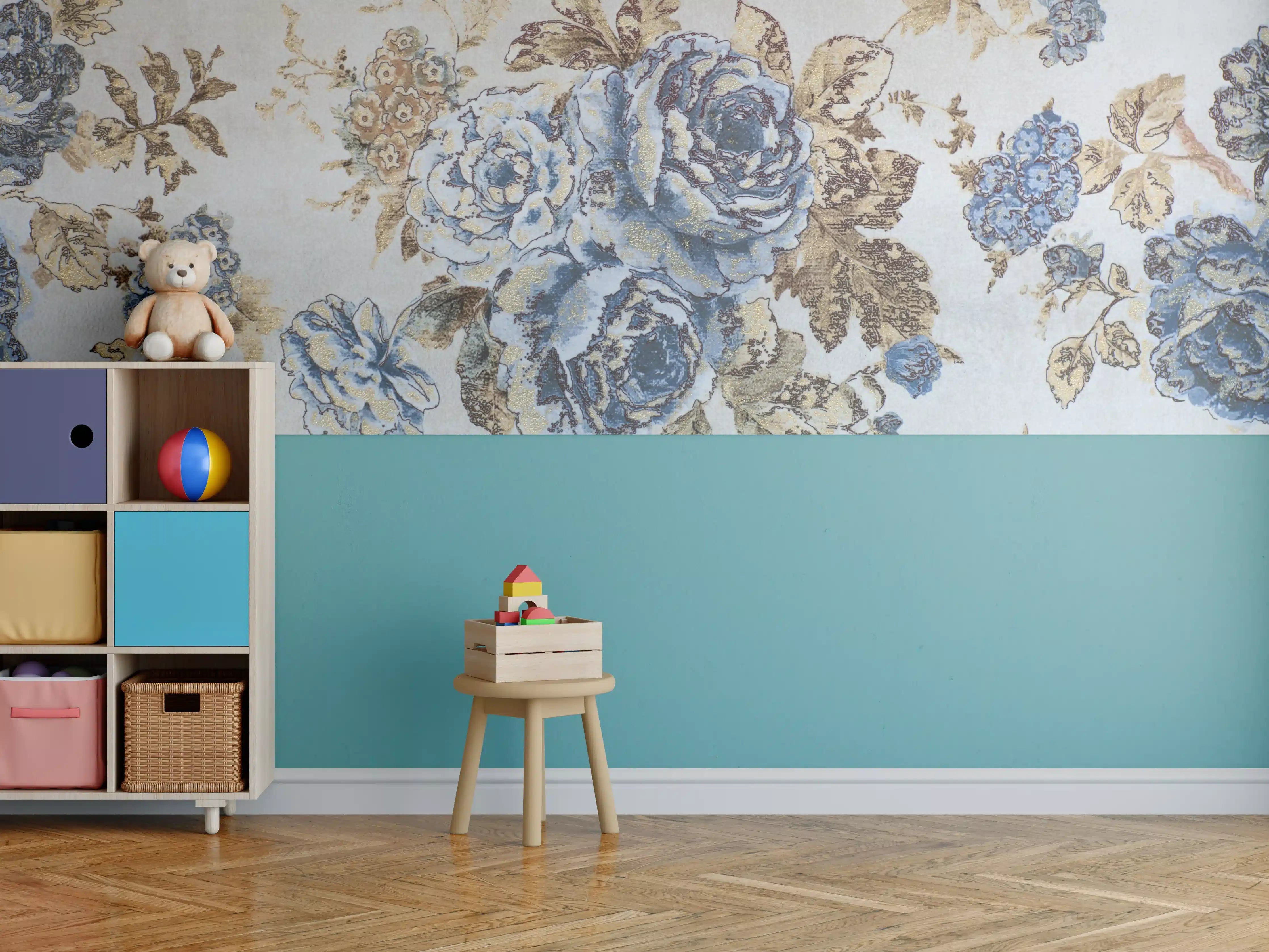 Kinderzimmer Wandgestaltung - Blumenmuster in Blau und Braun auf beigem Hintergrund