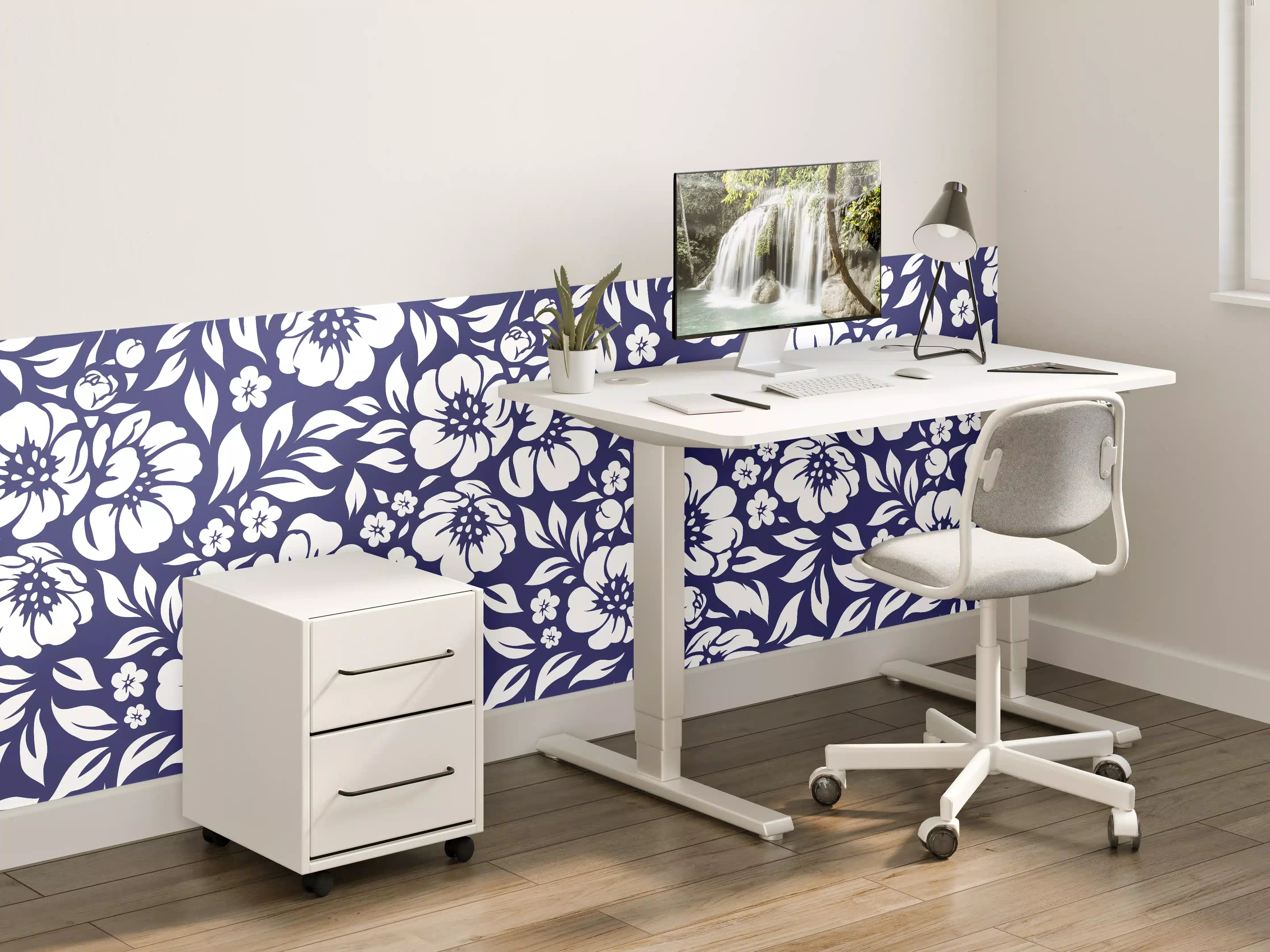 Kinderzimmer Wandgestaltung - Blumenmuster in Blau und Weiß