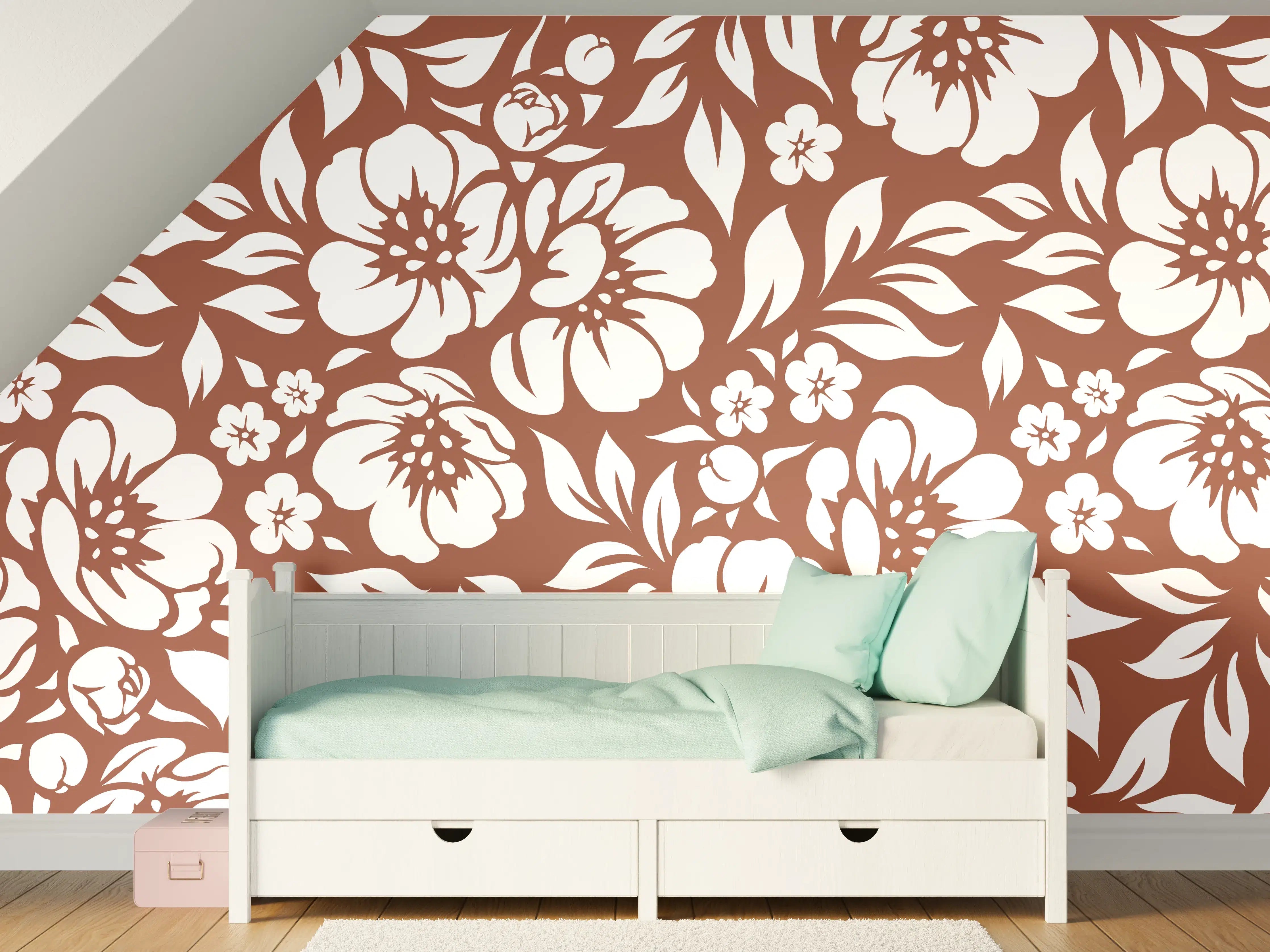 Kinderzimmer Wandgestaltung - Blumenmuster in Braun und zarten Grautönen
