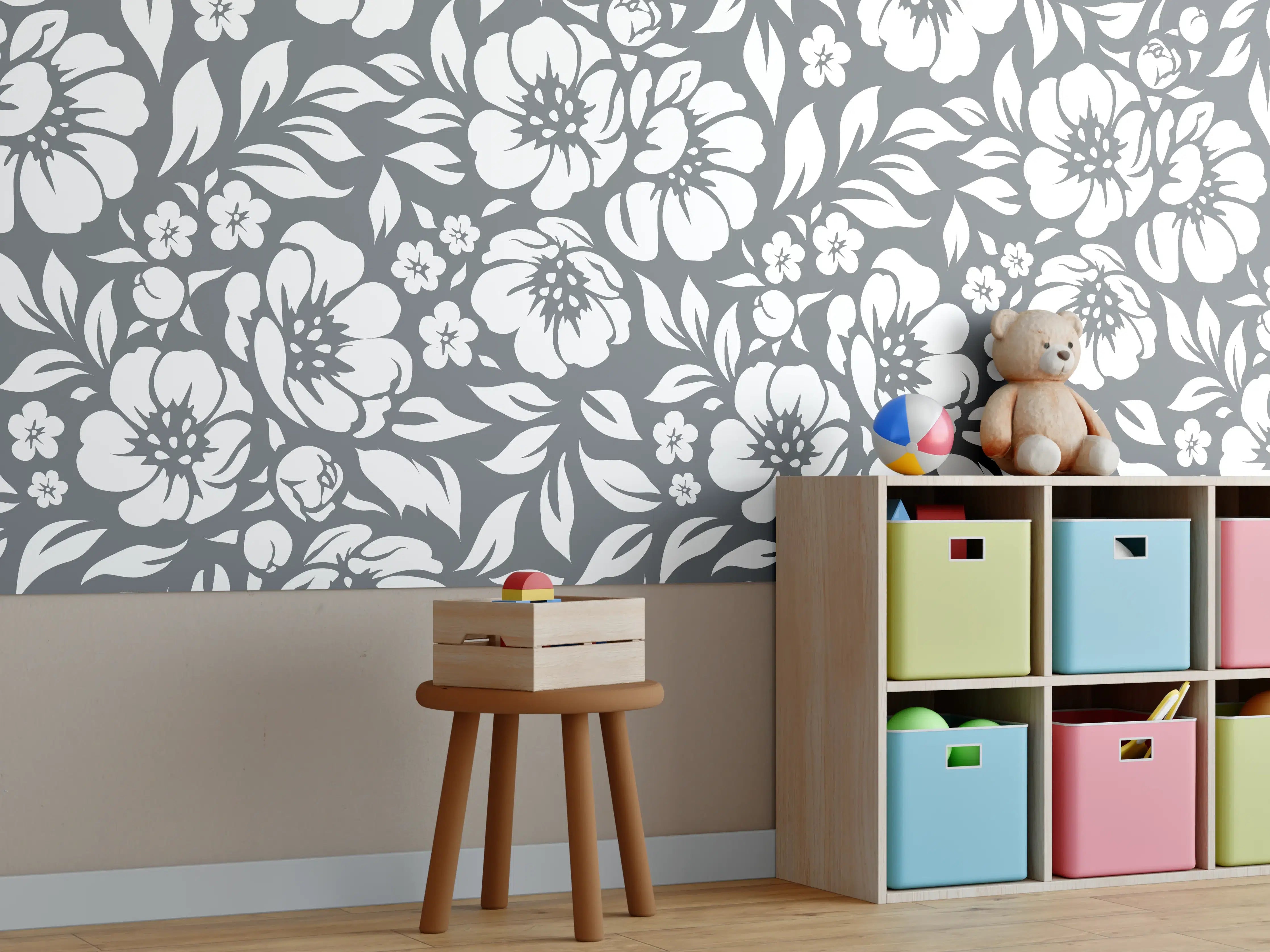 Kinderzimmer Wandgestaltung - Blumenmuster in Grau und Weiß
